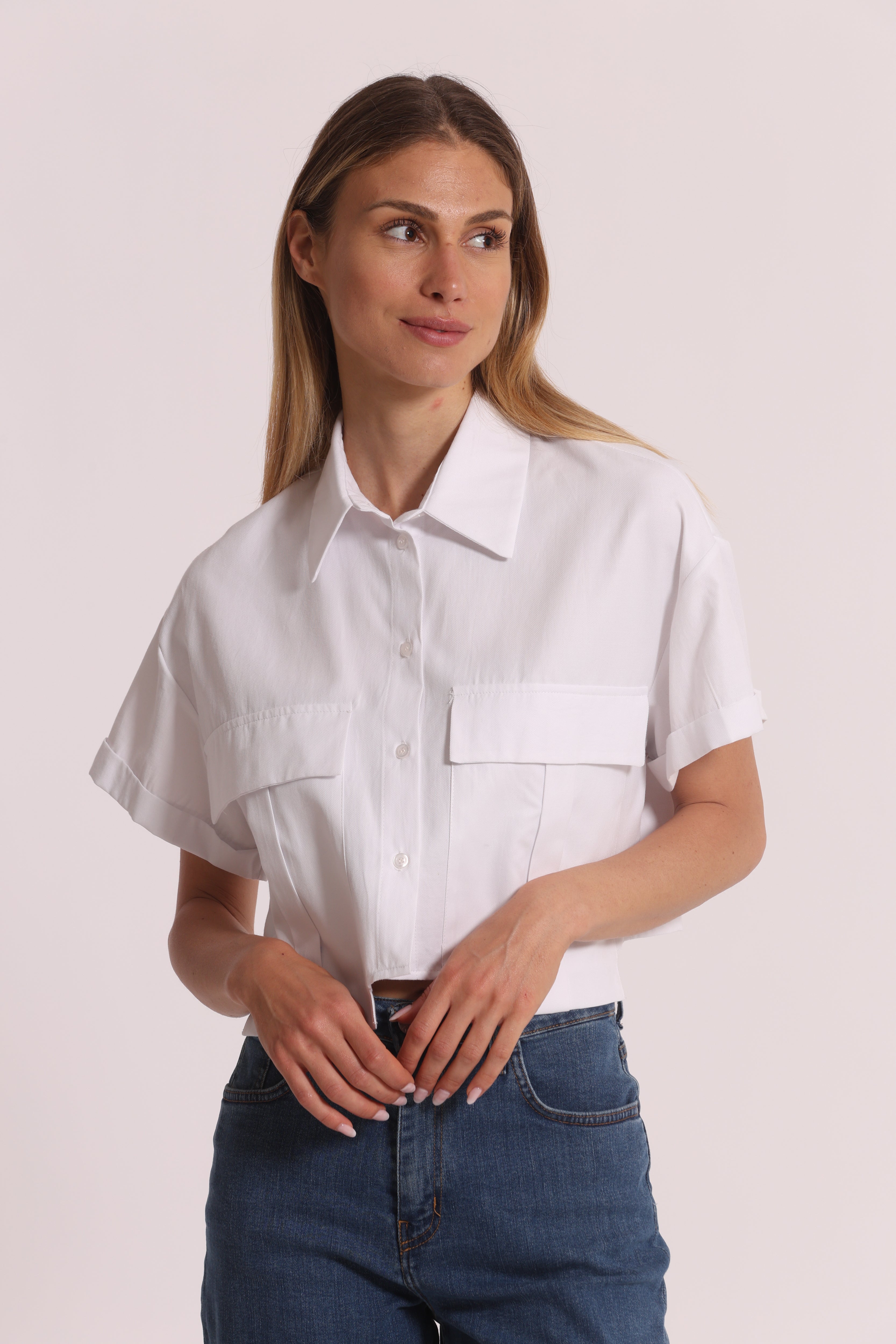 Mimi Mua Camicia Cropped Oxford Tasche Bianca Corta