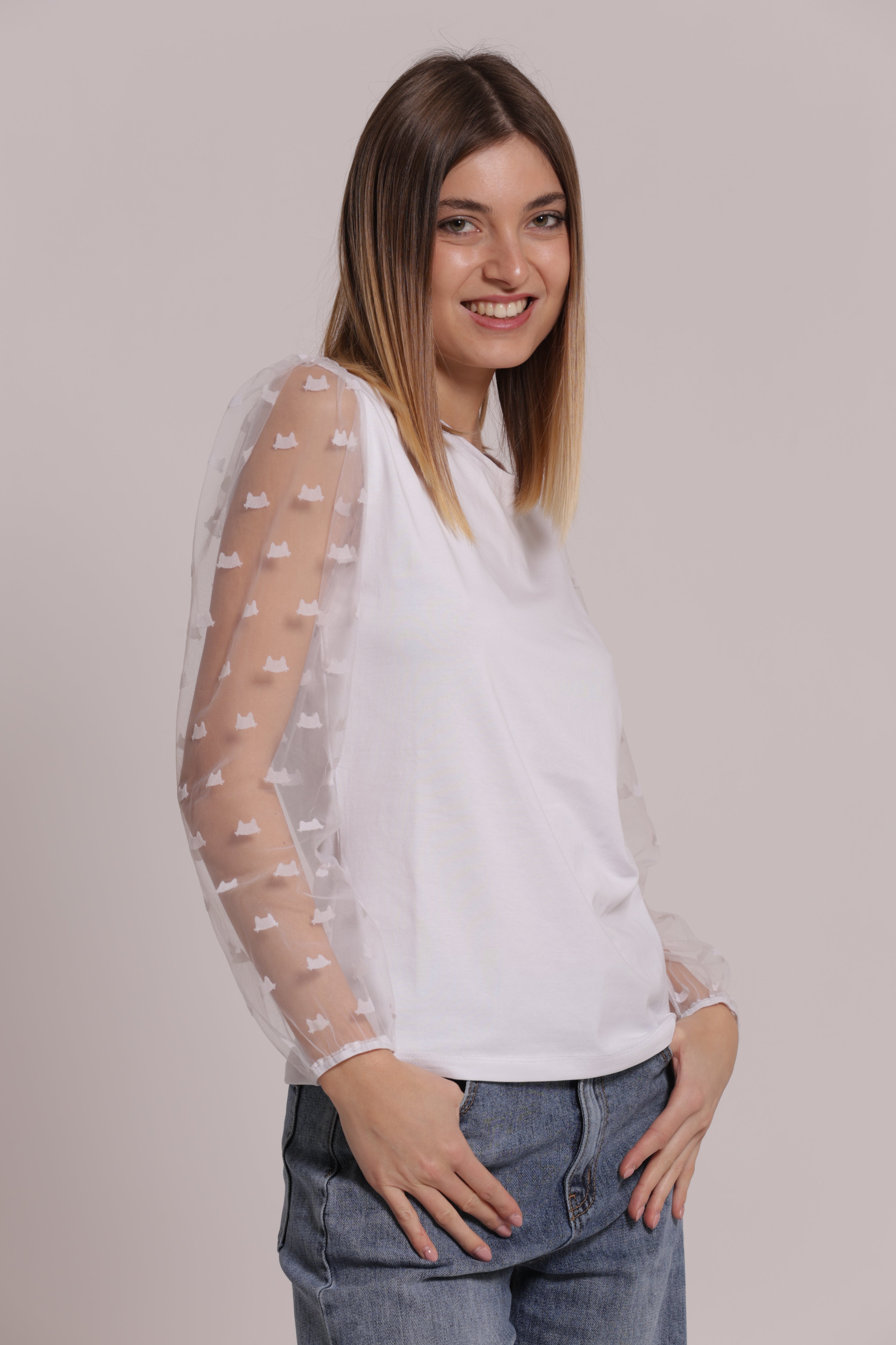 Mimi Mua T-shirt Maniche Lunghe Trasparenti bianca