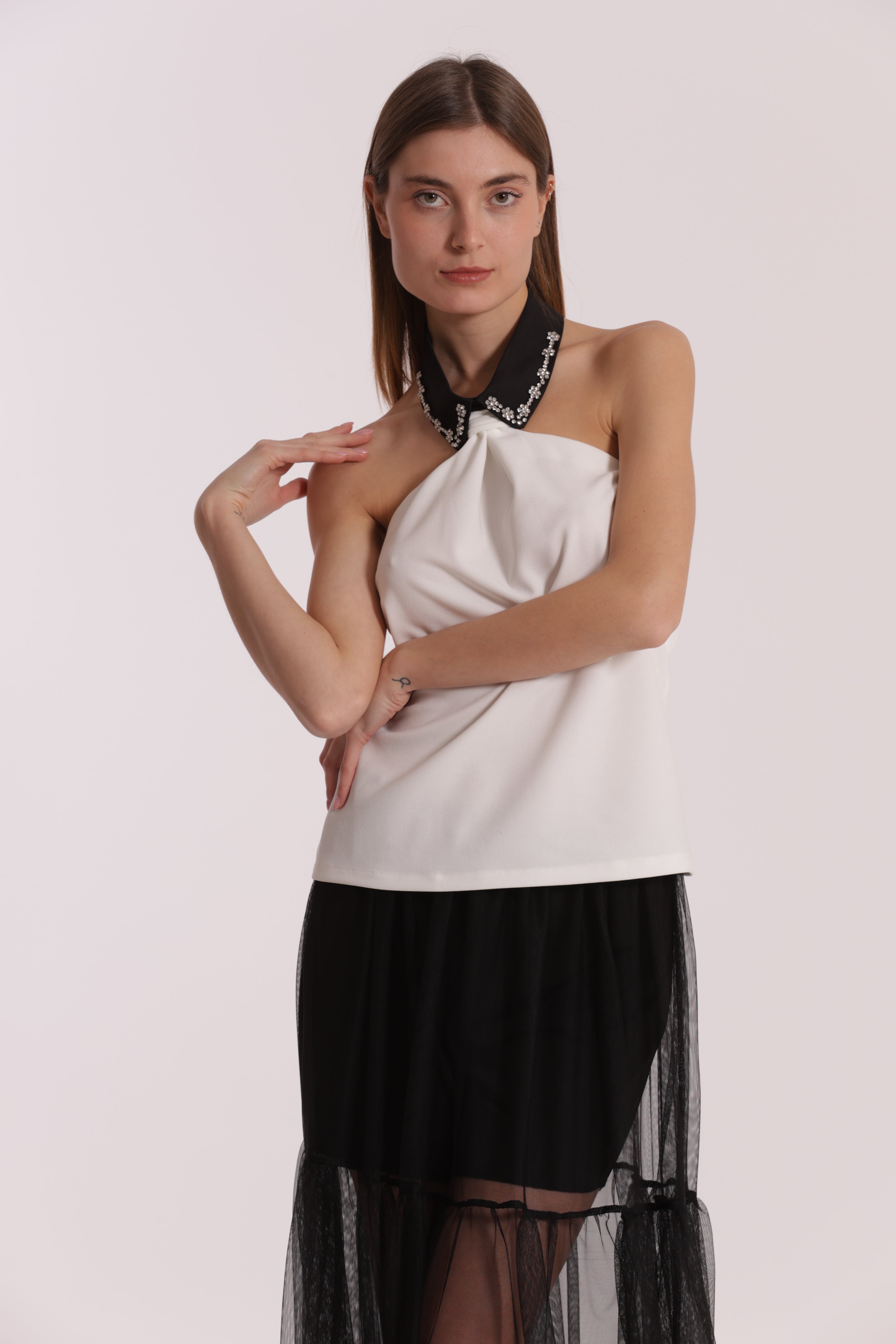 Mimi Mua Top con Colletto di Strass elasticizzato
