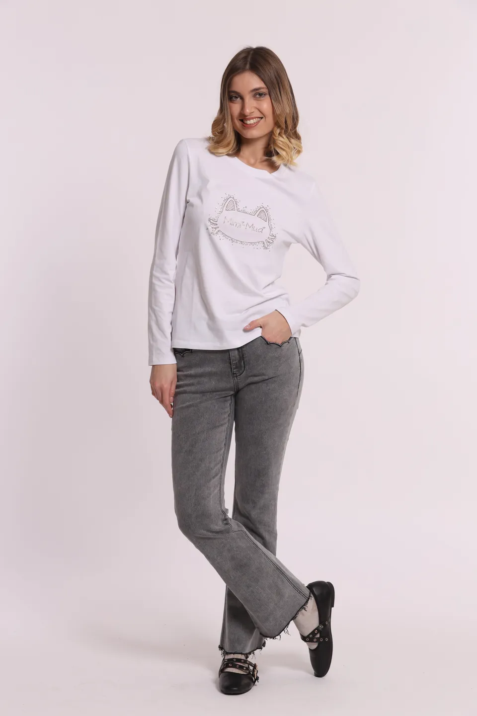Mimi Mua T-Shirt Maniche Lunghe Gatto Strass Bianca