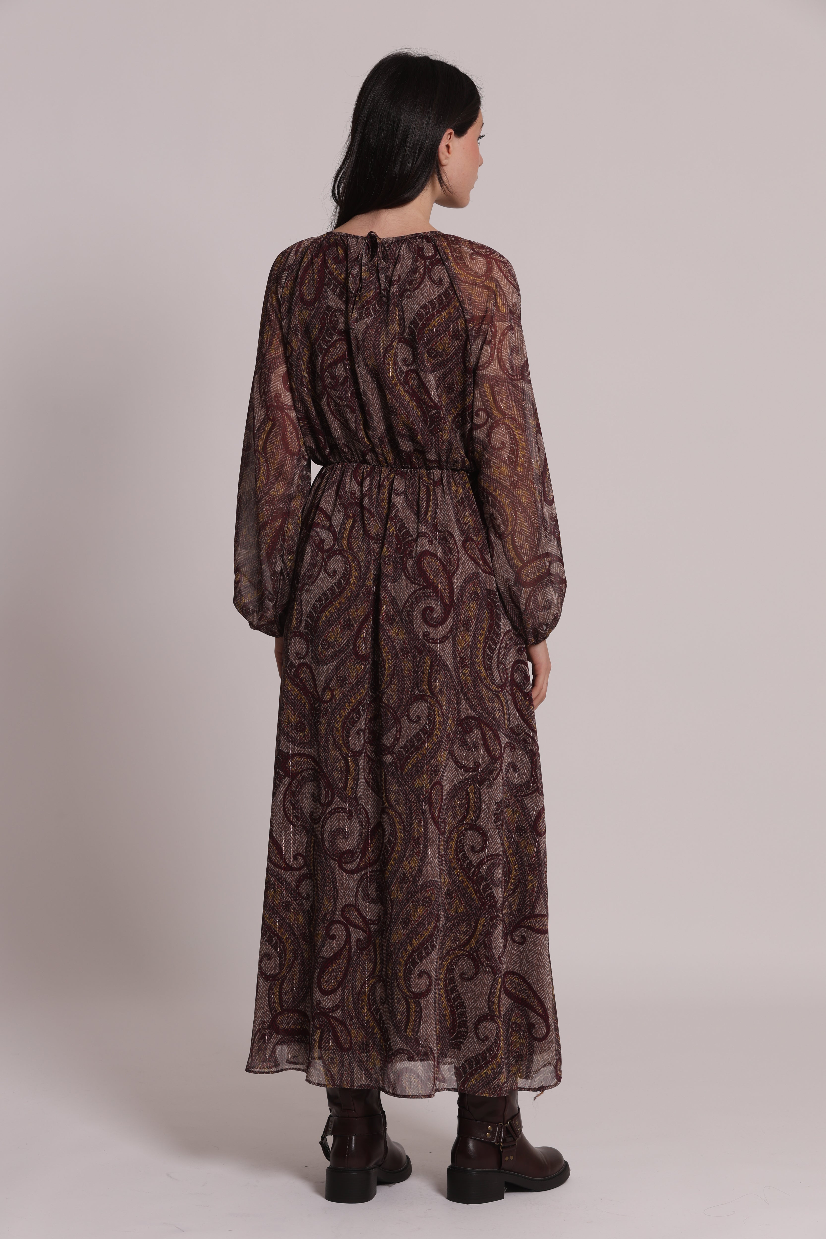Mimi Mua Paisley abito midi prugna con fiocco frontale