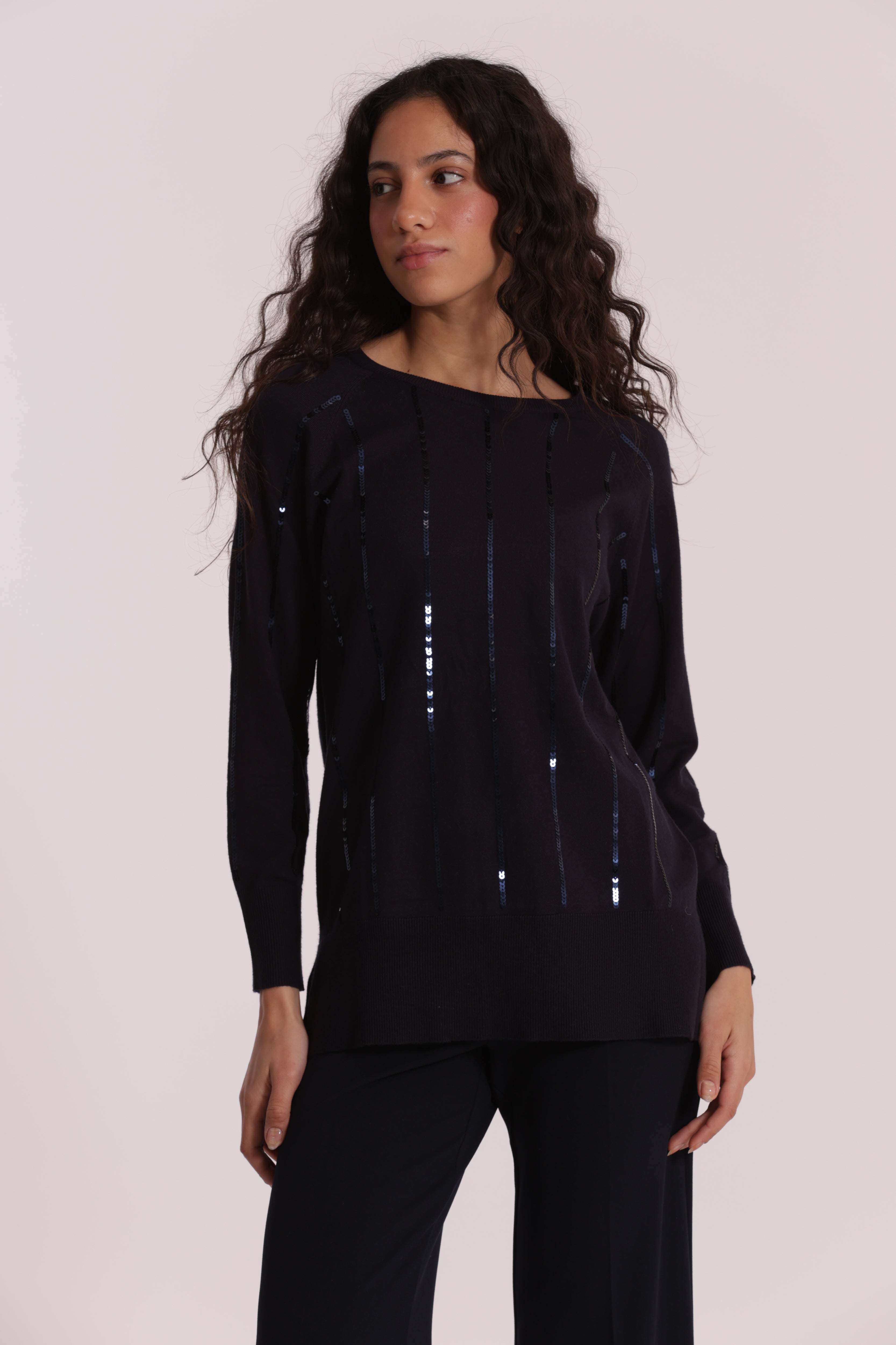 Mimi Mua Maglia Over Spacchi Laterali Paillettes Nera