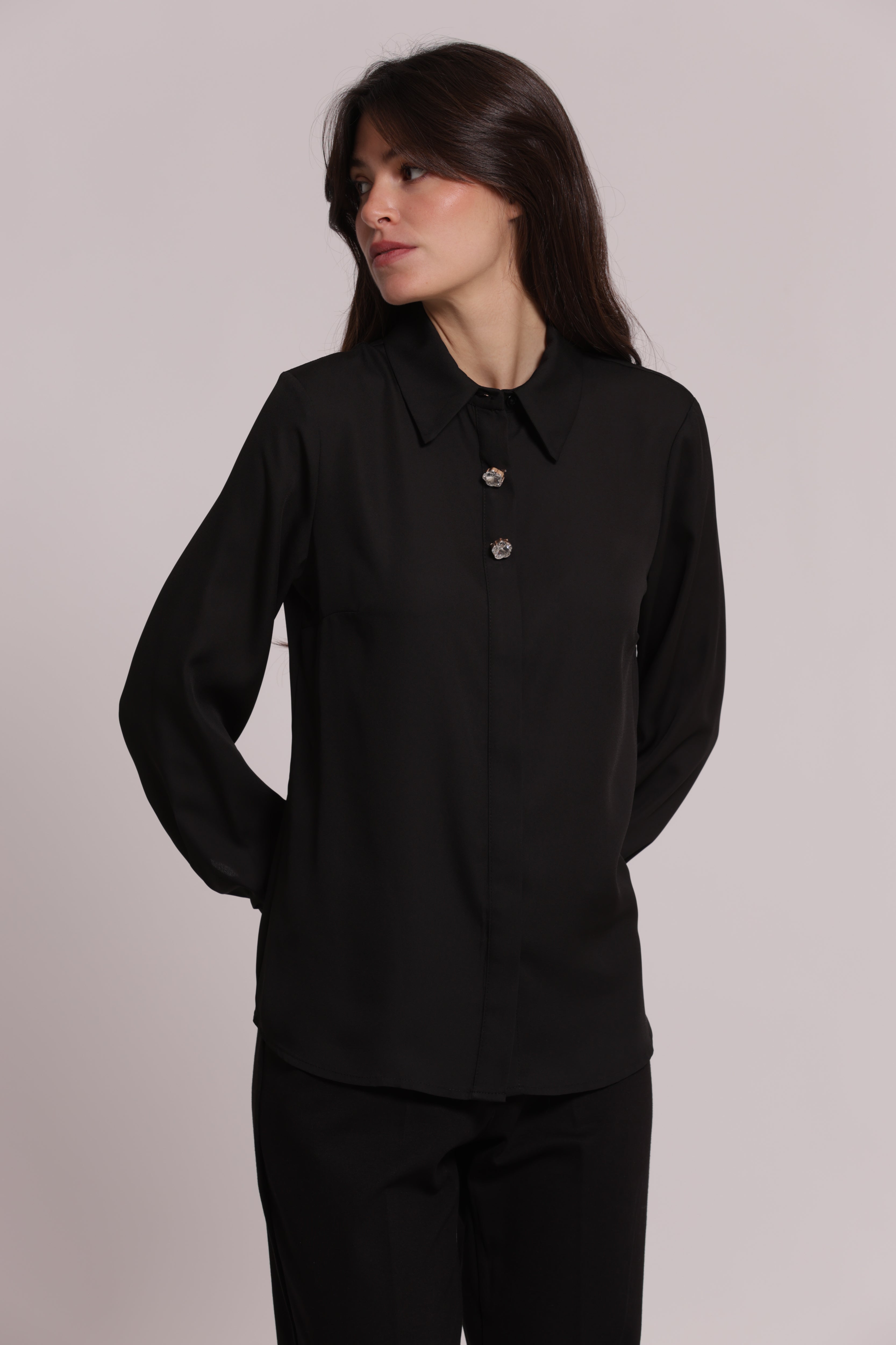 Mimi Mua Camicia Georgette Bottoni Gioiello Nero