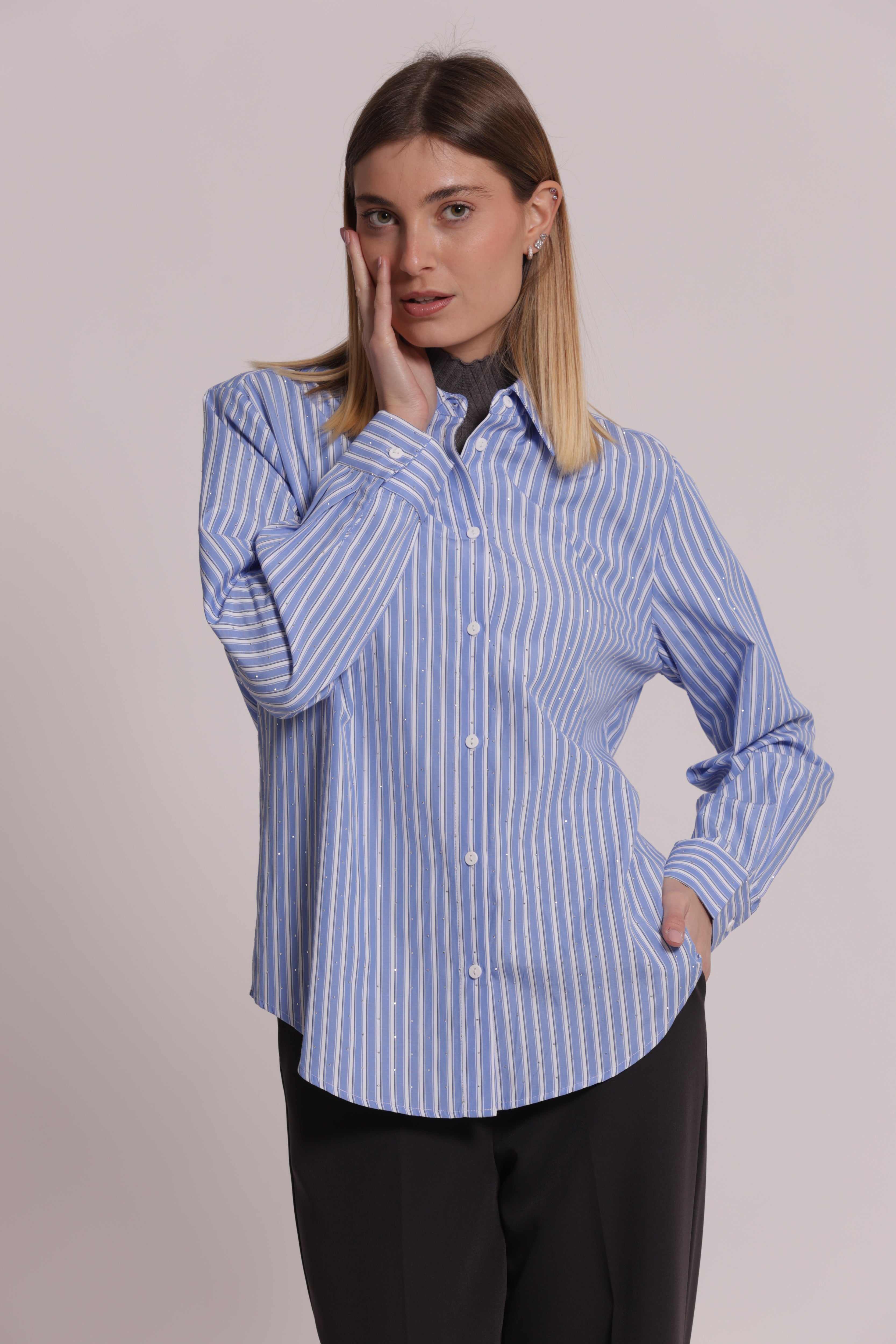 Mimi Mua Camicia Rigolona Strass Azzurro Cotone