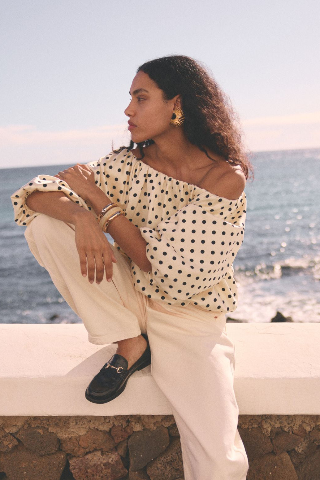 Aaiko Maddy top bianco pois maniche lunghe