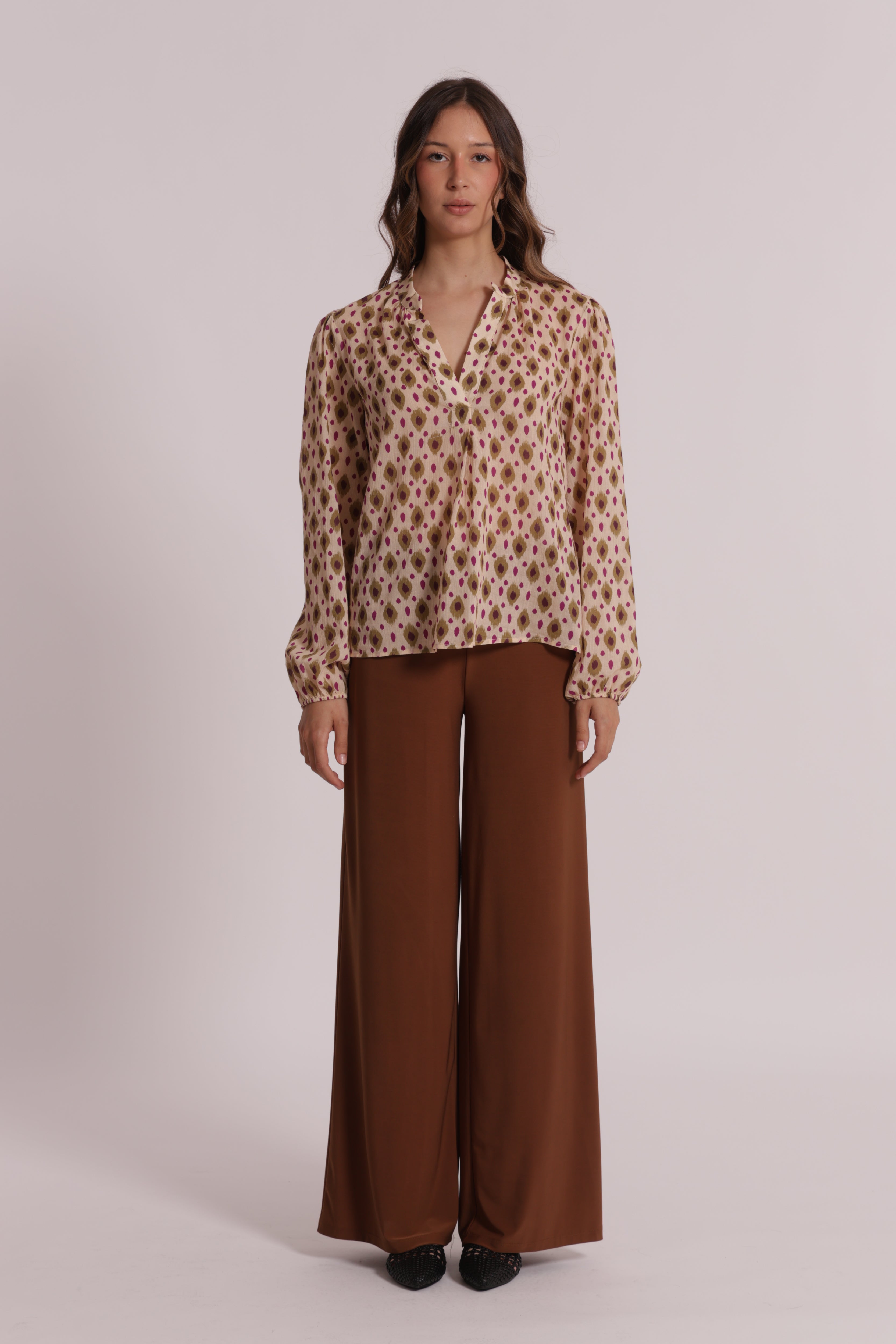 Mimi Mua Blusa Maniche Lunghe Rombi Beige Verde Cotone