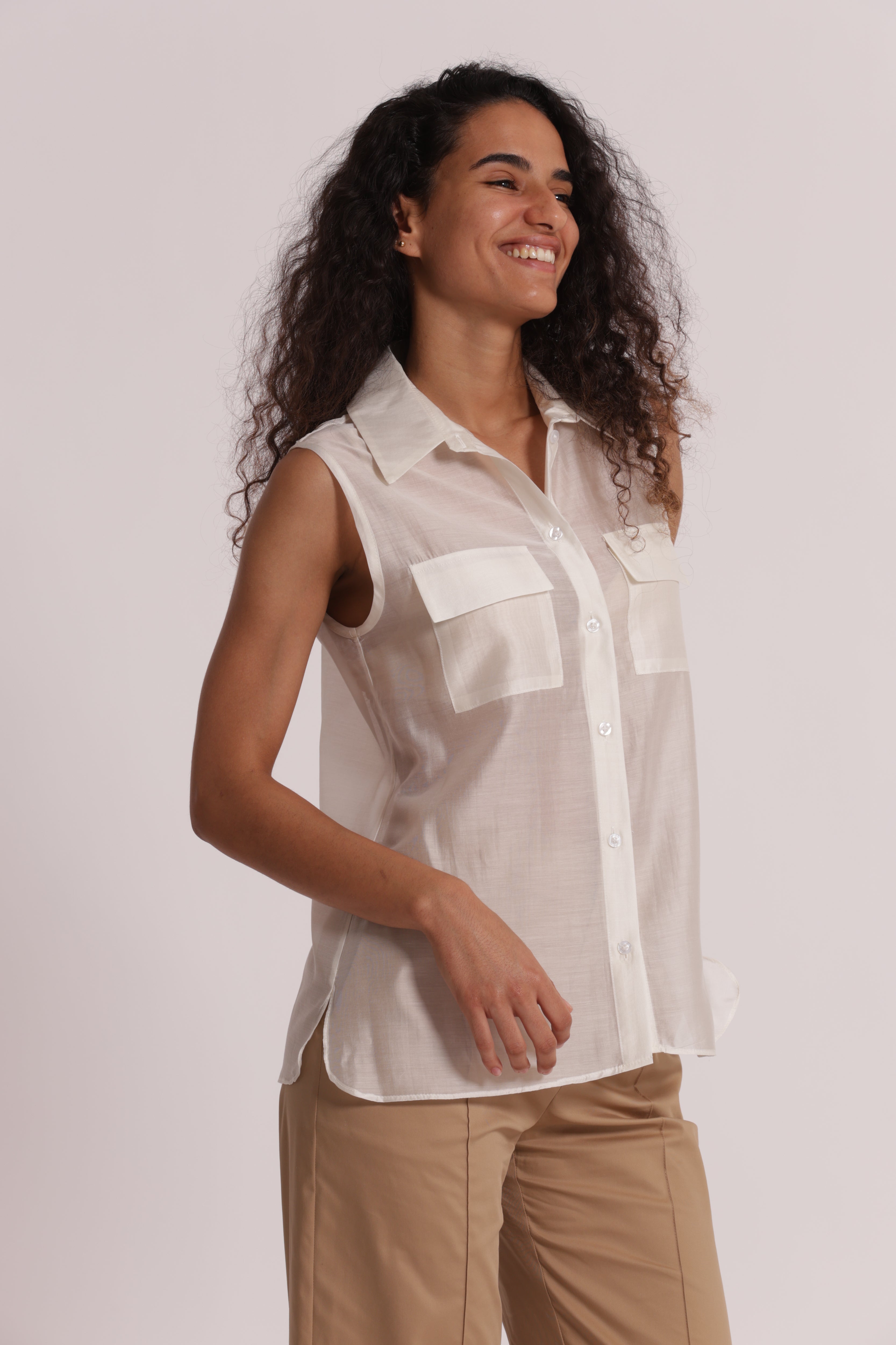 Mimi Mua Camicia Smanicata Tessuto Leggero Bianco