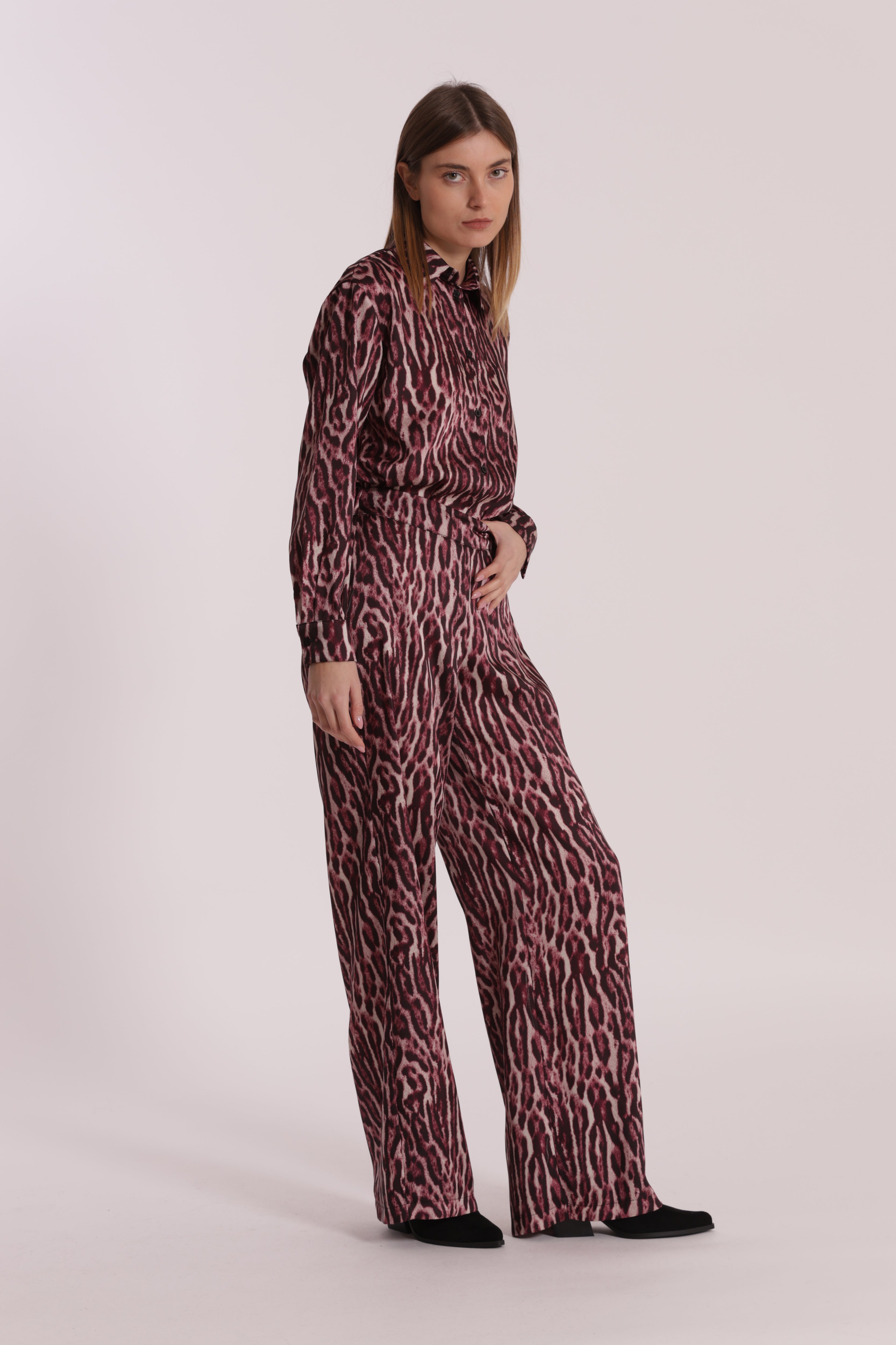 Mimi Mua Pantalone Palazzo Animalier Burgundy