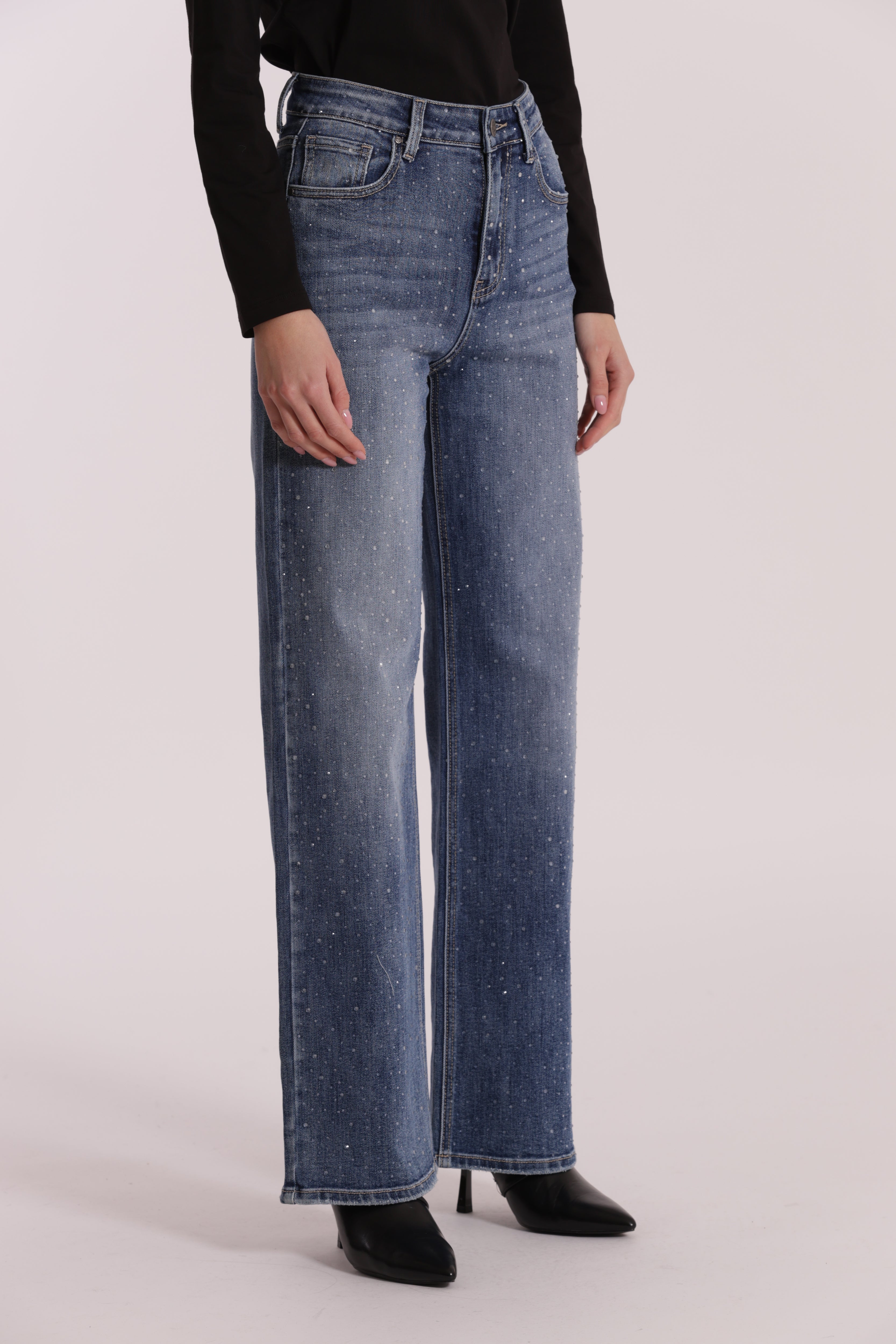 Mimi Mua Jeans Wide Leg Strass Blu Medio