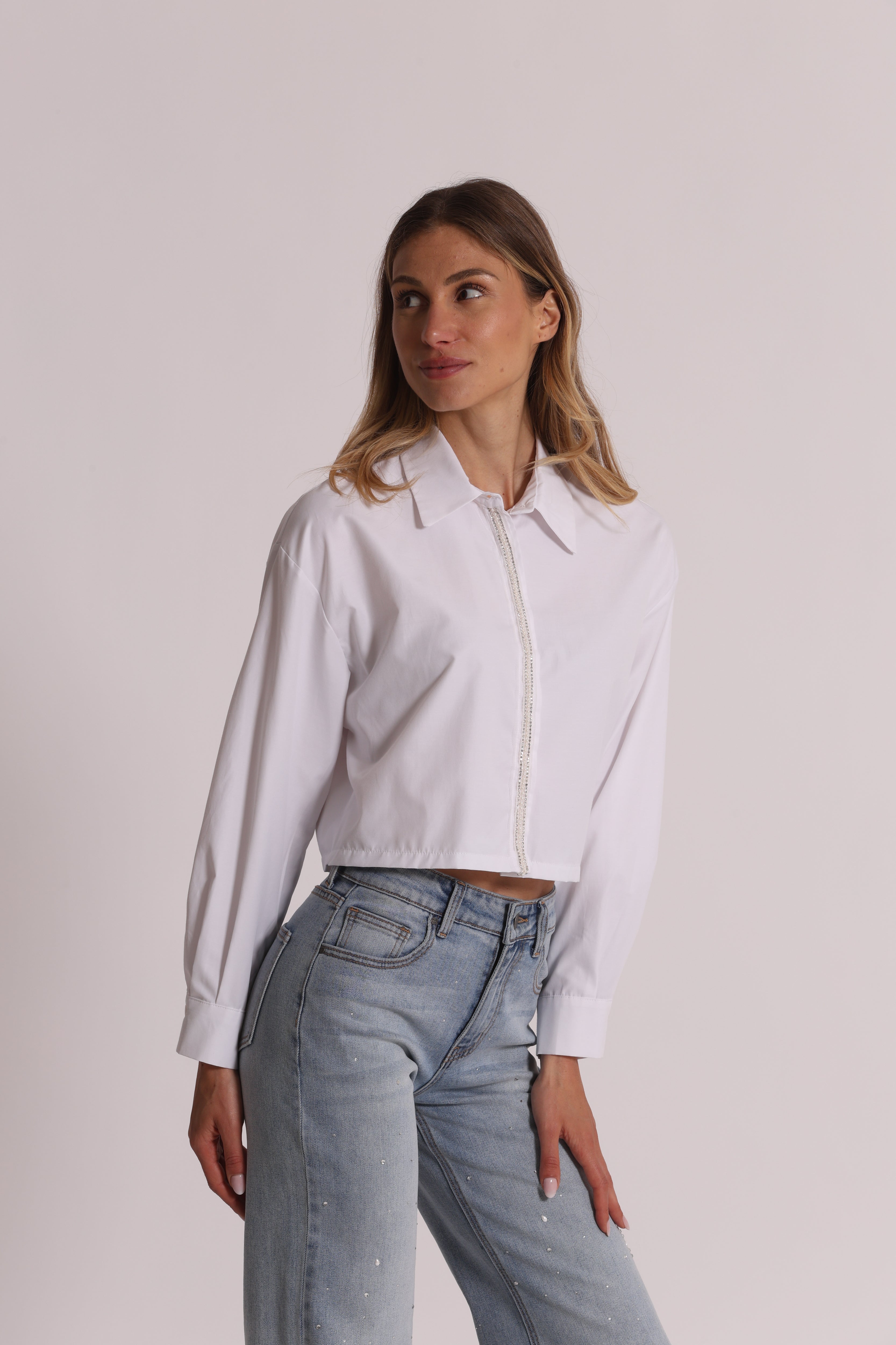 Mimi Mua Camicia Cropped Bianco Cotone Misto