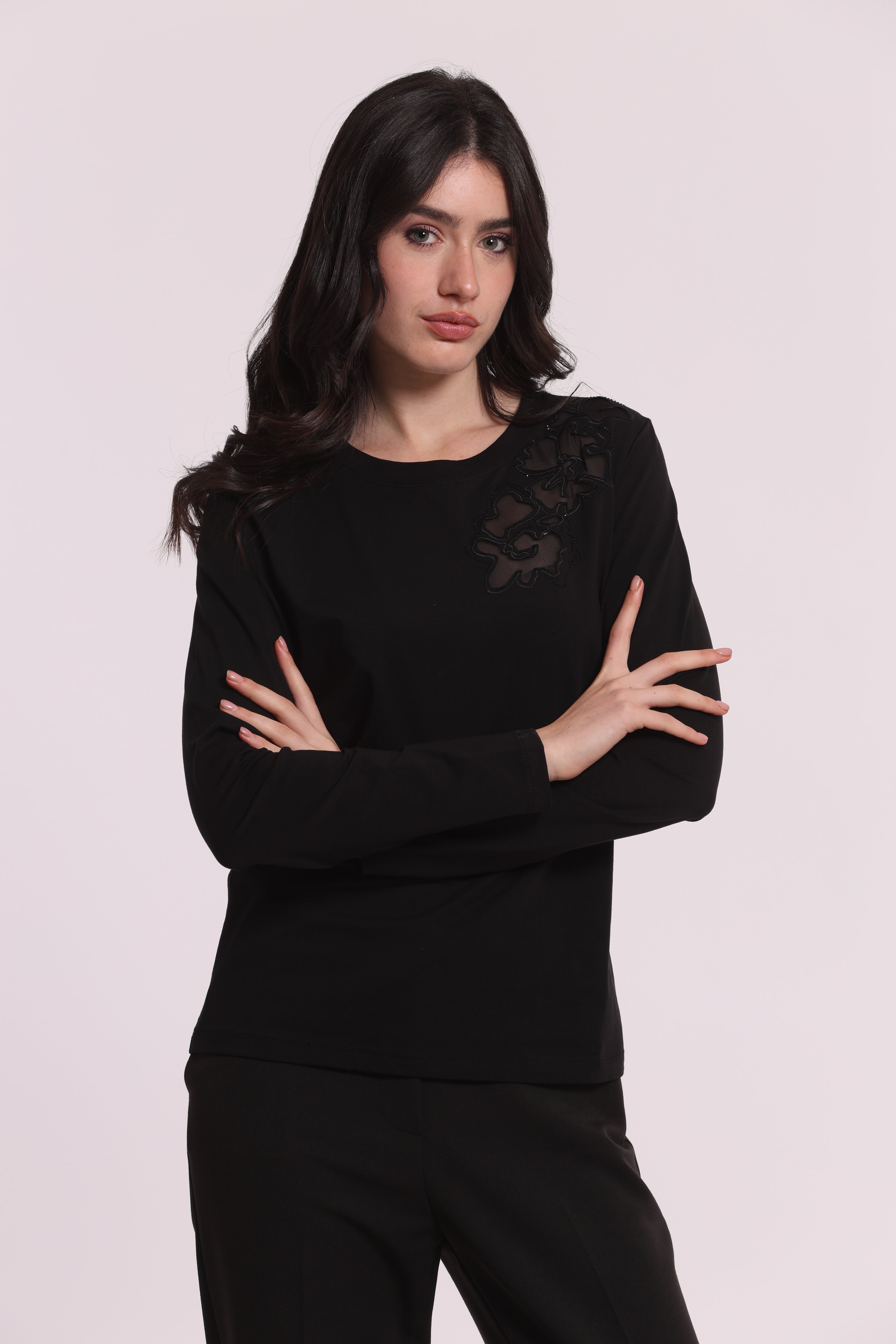 Mimi Mua Trasparenze Strass t-shirt nero maniche lunghe