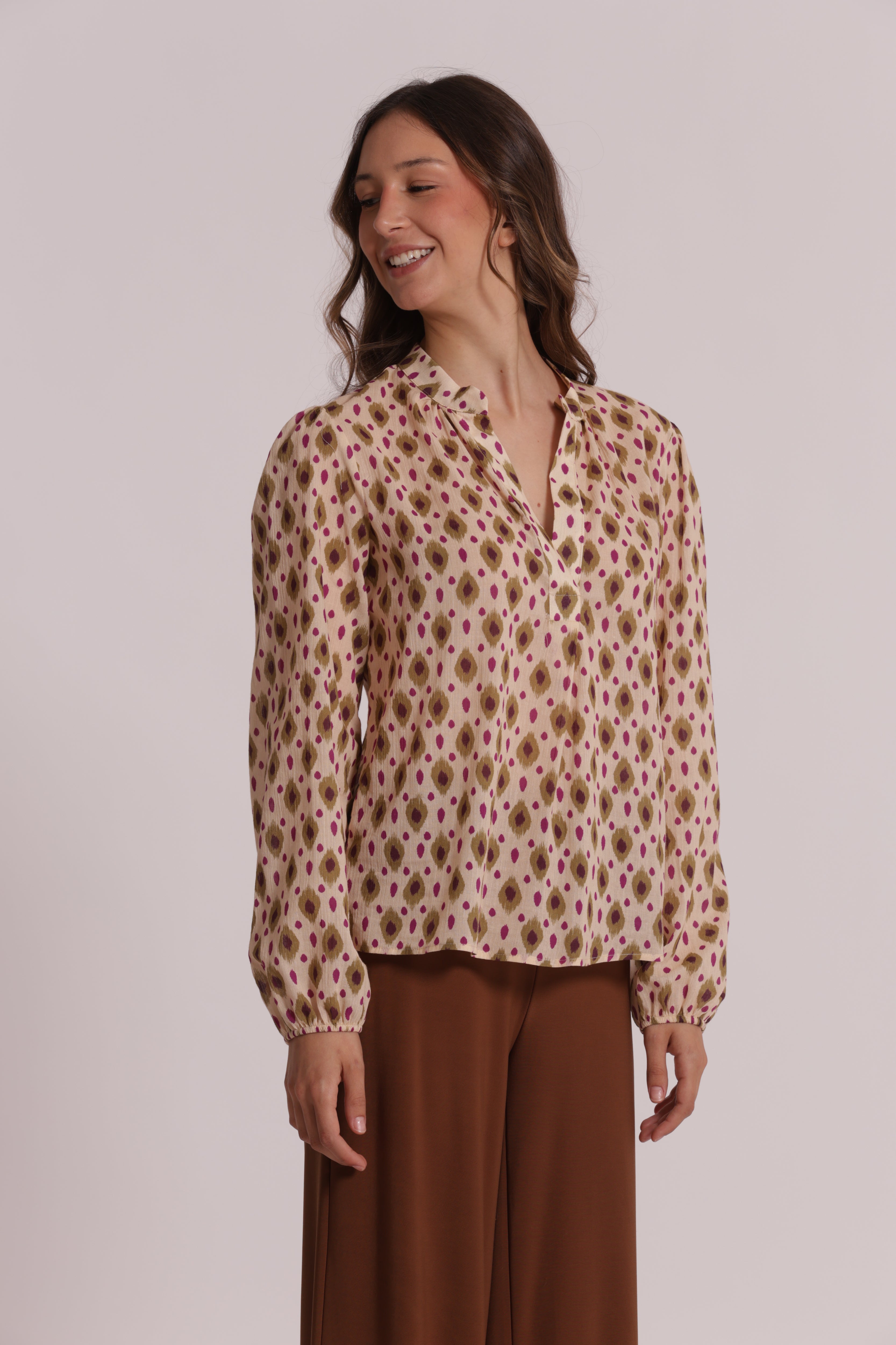 Mimi Mua Blusa Maniche Lunghe Rombi Beige Verde Cotone
