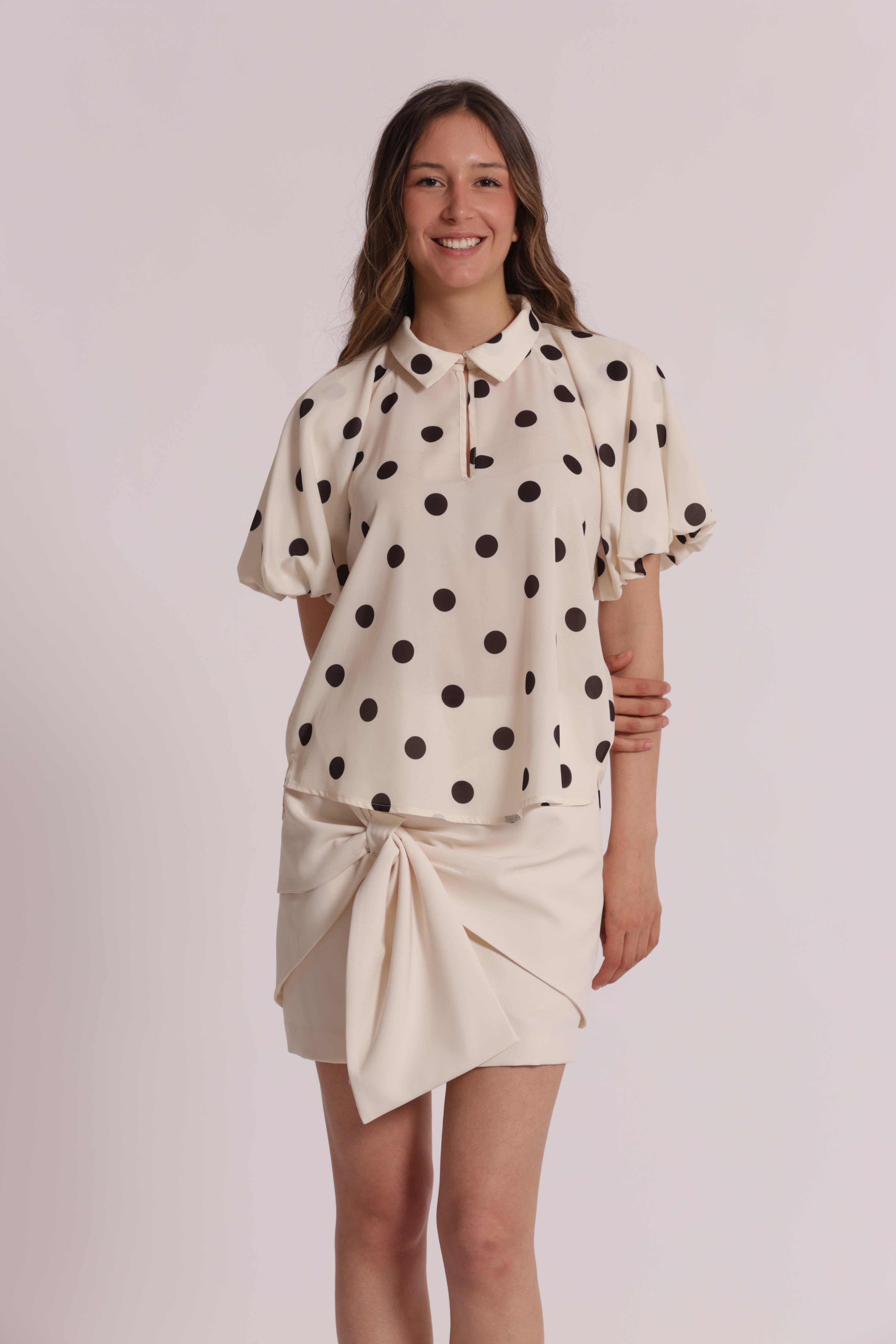 Mimi Mua Blusa Maniche Palloncino Pois Blu Panna