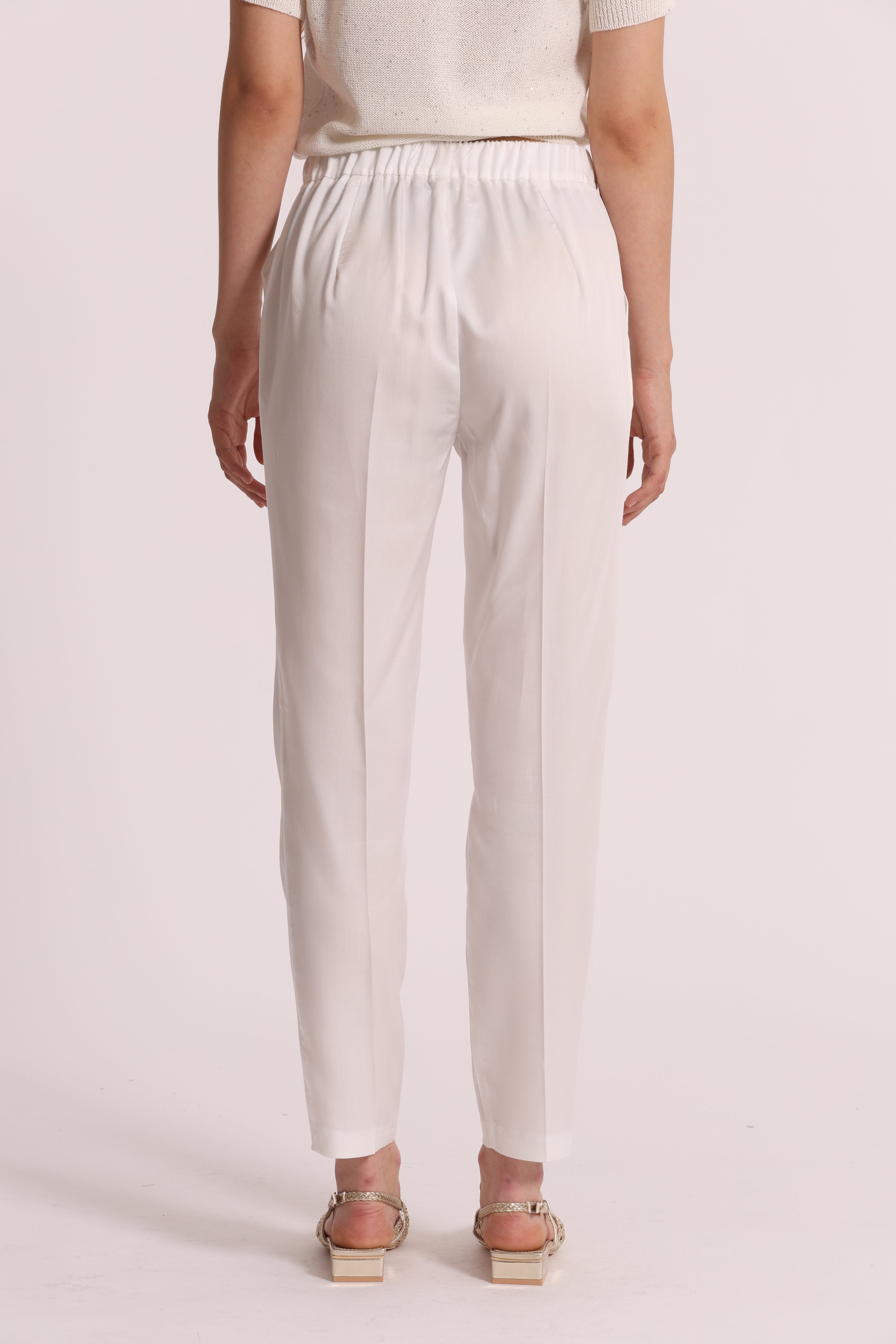 Mimi Mua Pantalone Sigaretta Lyocell Panna con Elastico