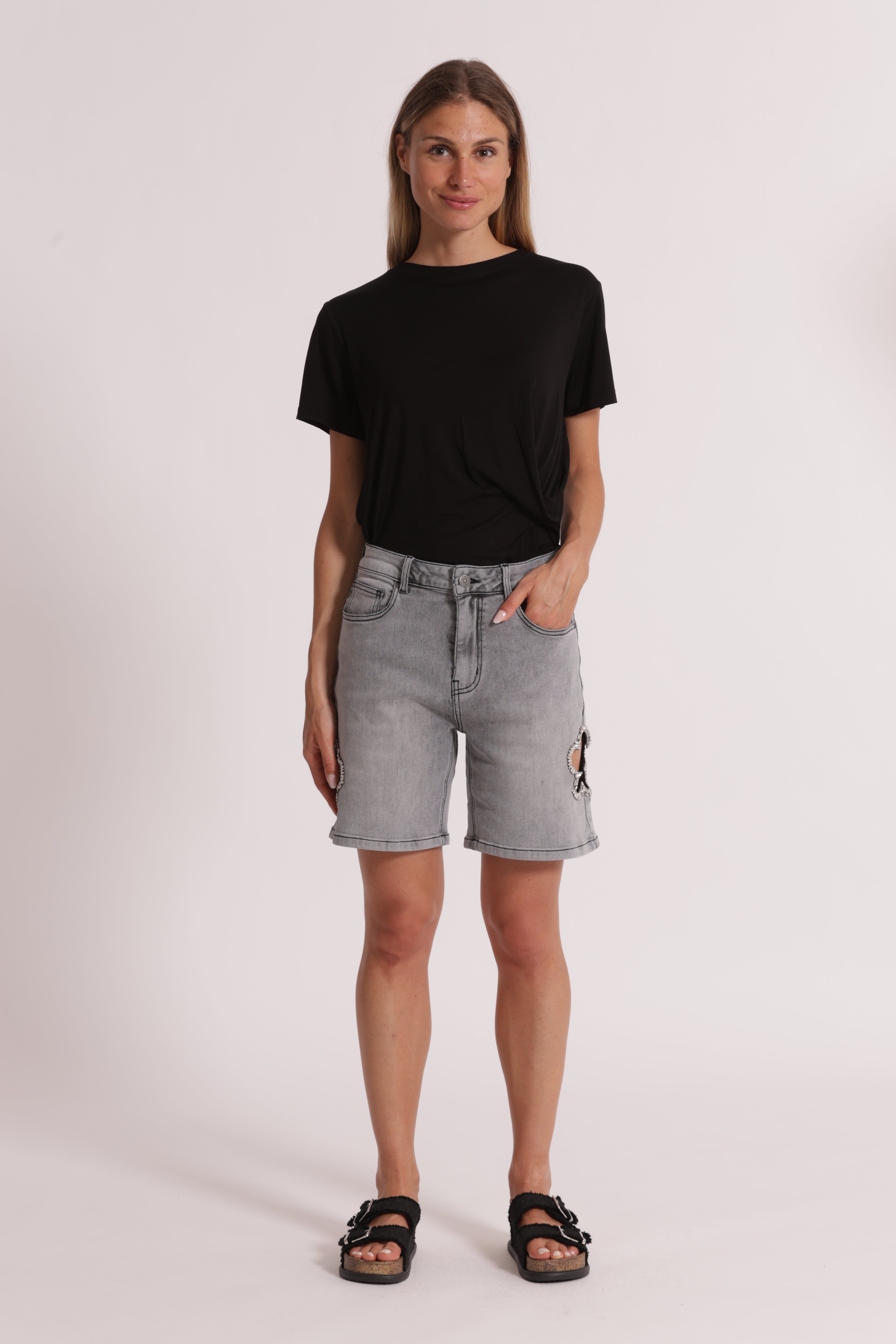 Mimi Mua Bermuda Cut Out Gioiello Pantaloni Blu Medio Cotone