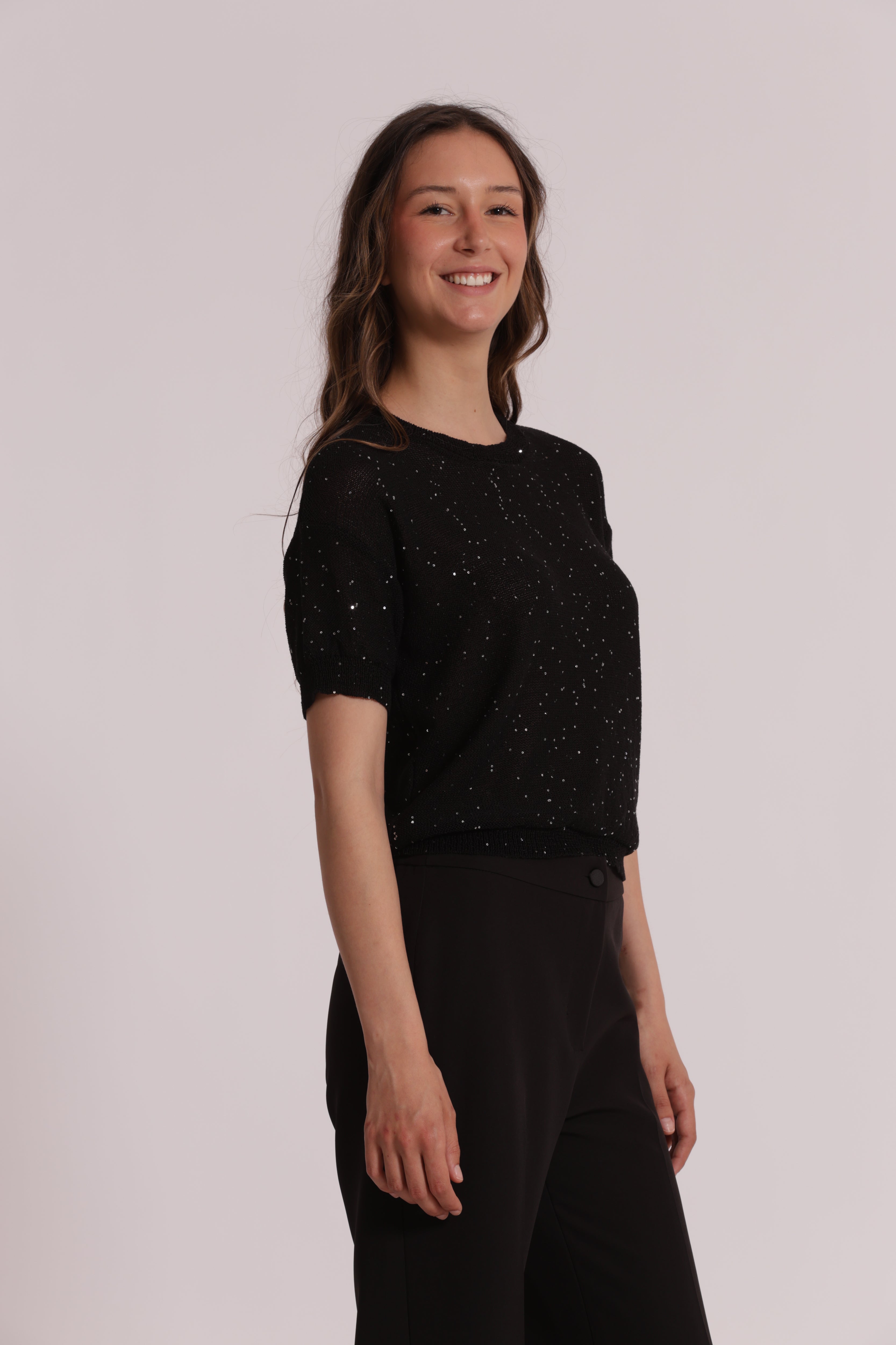 Mimi Mua Maglia Paillettes Trasparente Nero Maniche Corte