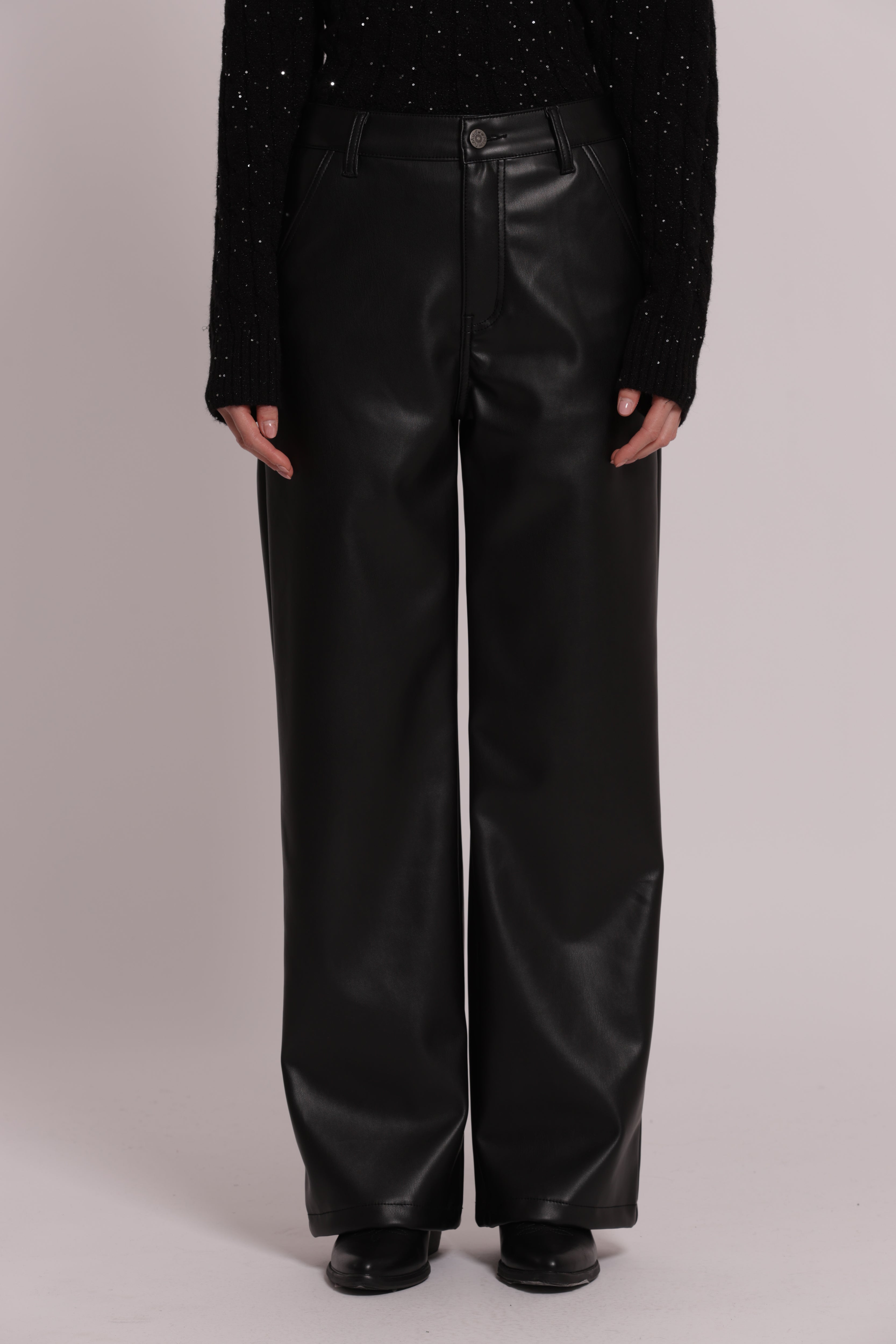 Mimi Mua Wide Leg Simil Pelle Pantaloni Nero Gamba Larga