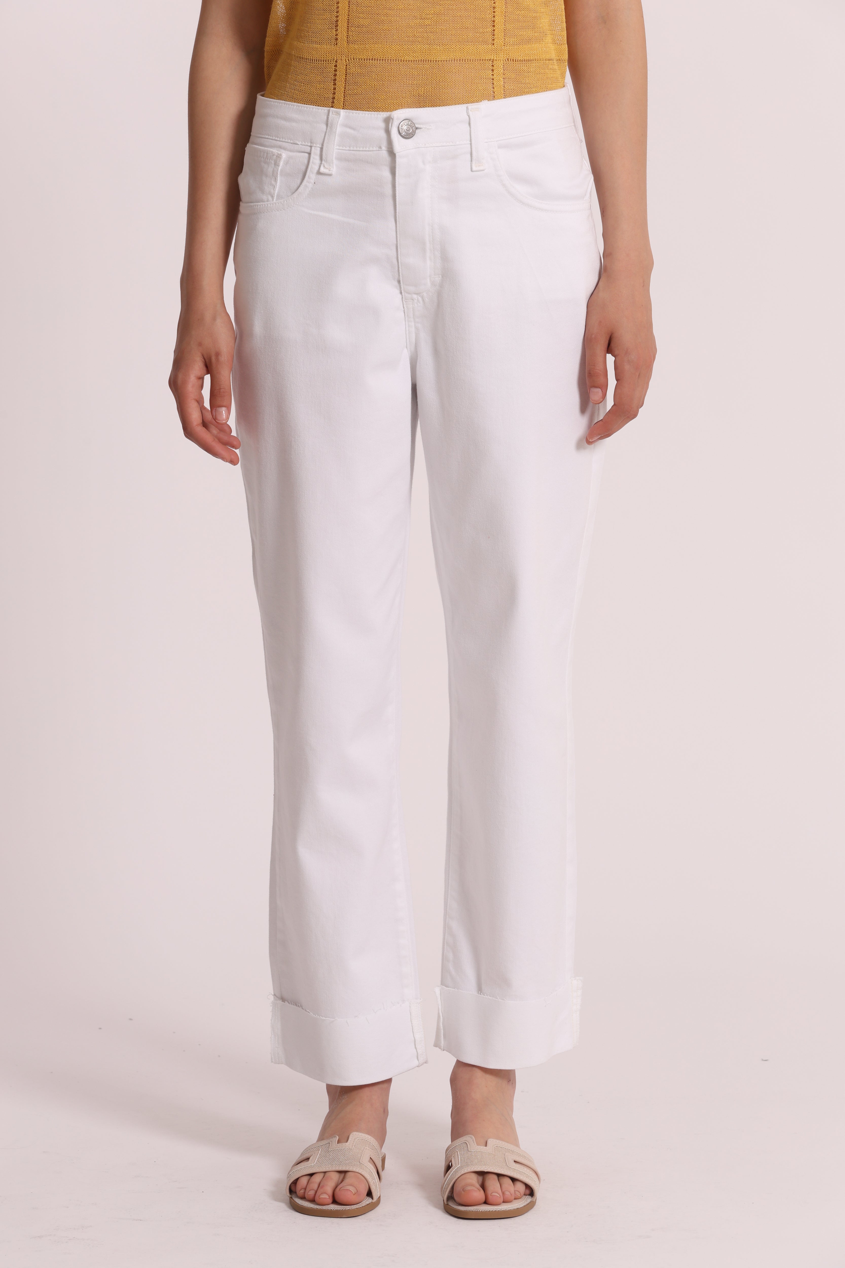 Mimi Mua Jeans Cropped con Risvolto Bianco