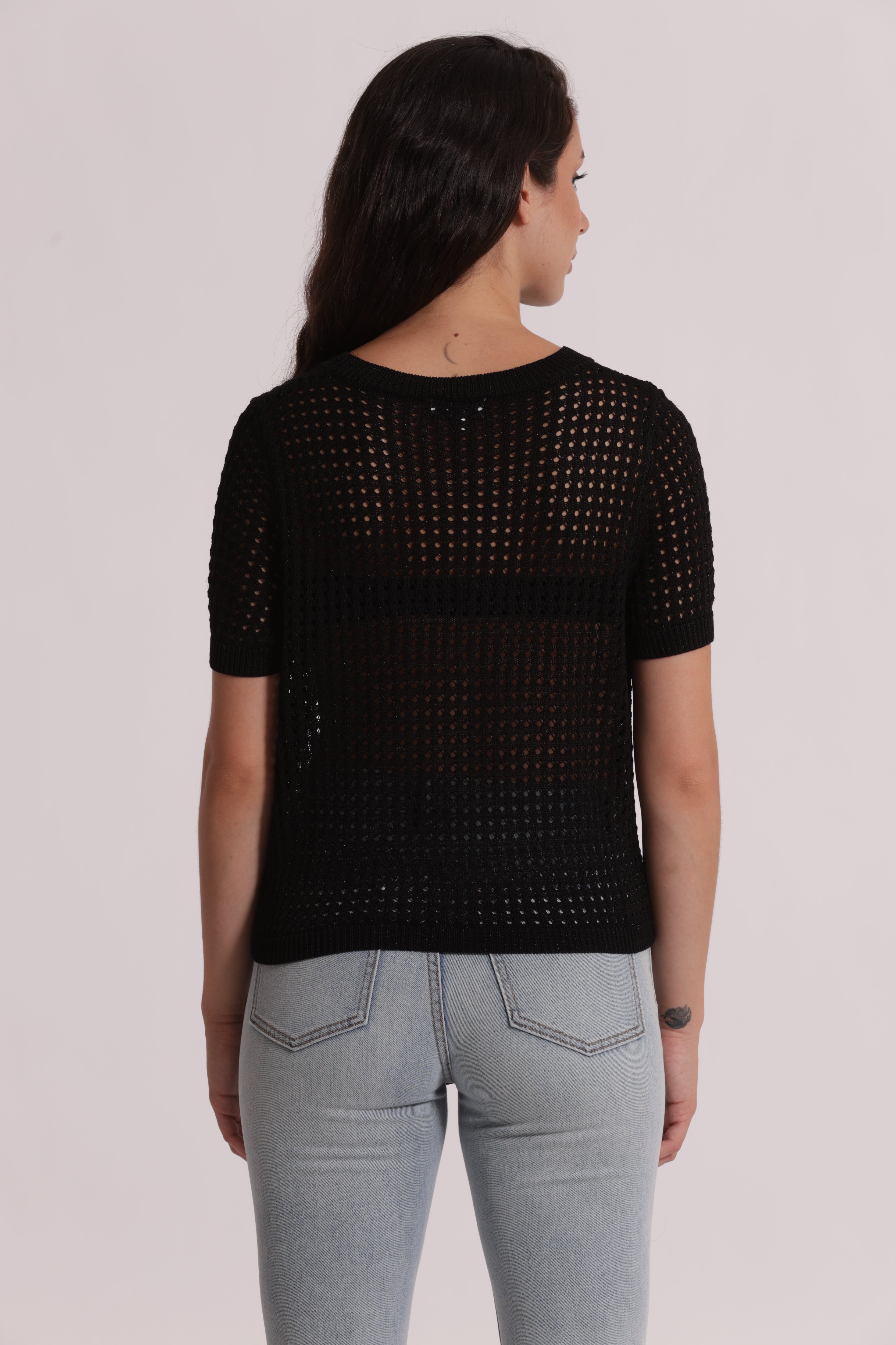 Mimi Mua Maglia Traforata Maniche Corte Nero Viscosa