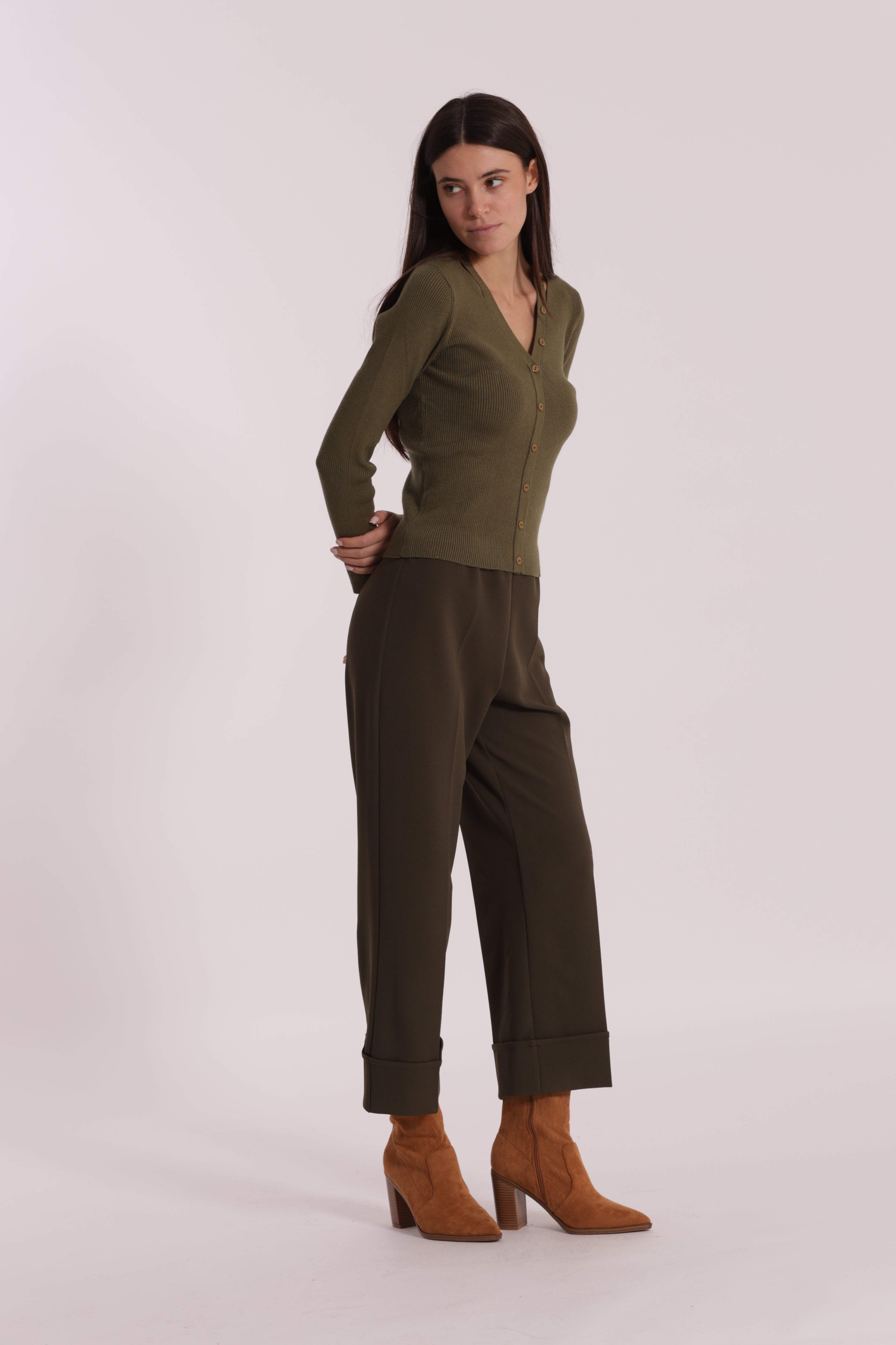 Mimi Mua Cropped con Risvolto in Crepe Pantalone Nero