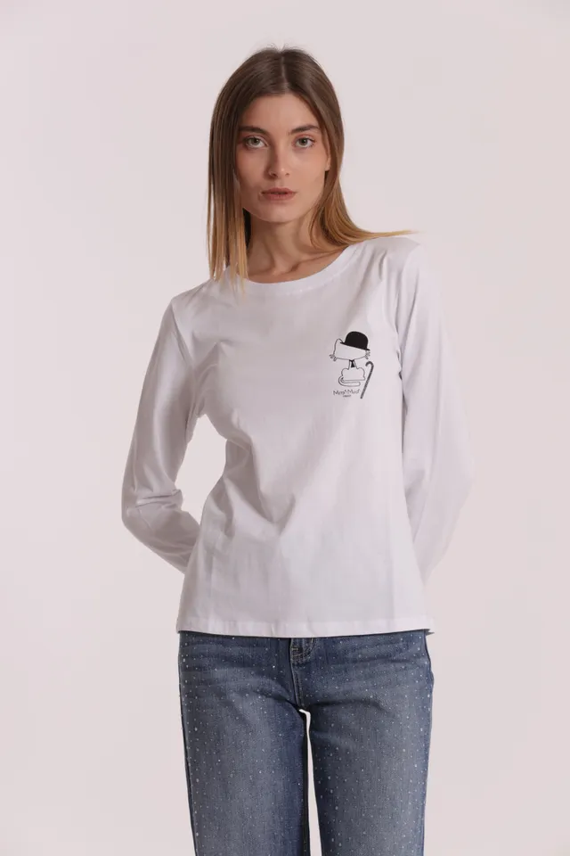 Mimi Mua T-Shirt Gatto Charlie Chaplin Bianca Cotone