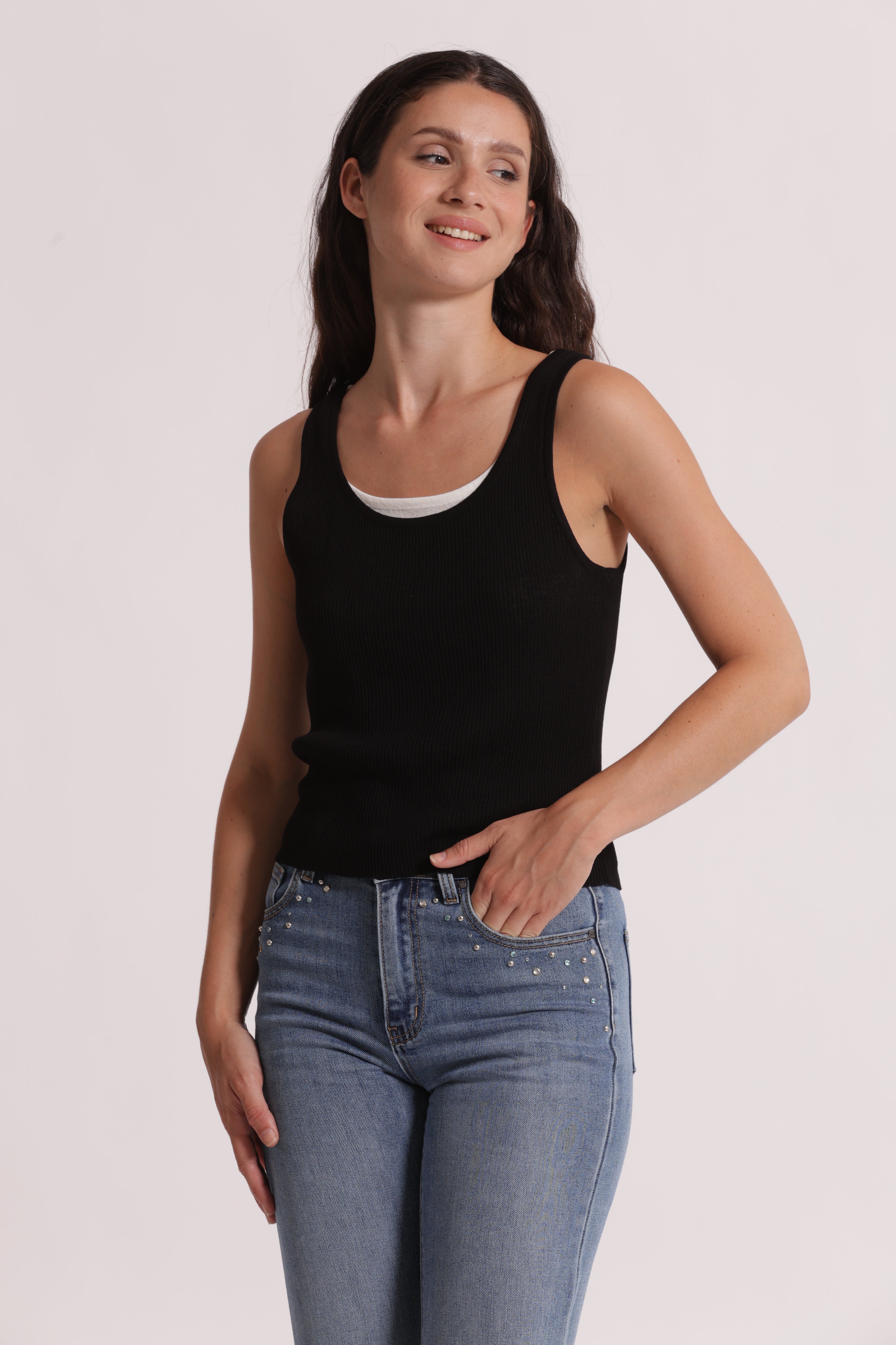 Mimi Mua Doppio Scollo top nero panna maglia