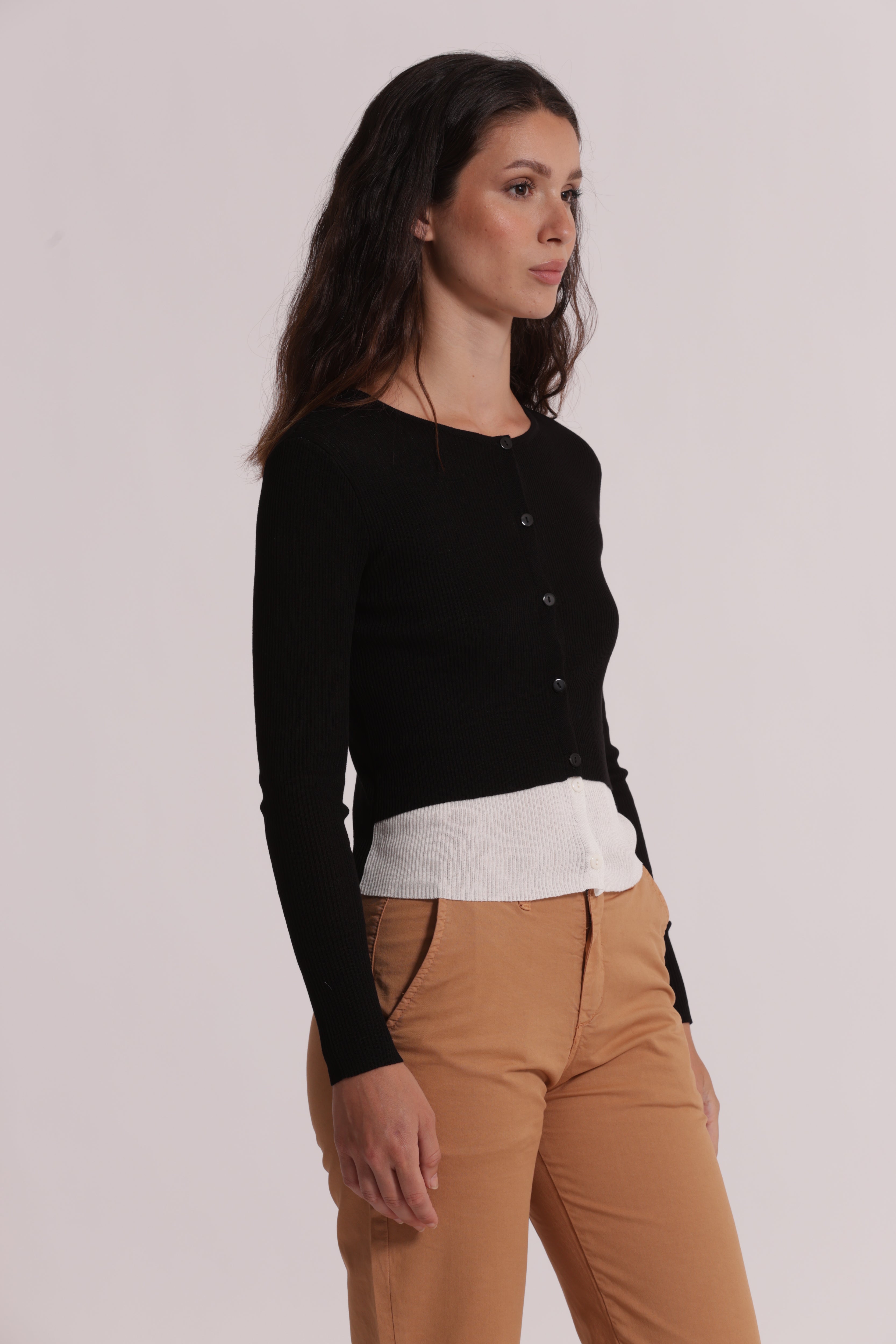 Mimi Mua Cardigan Maglia Doppia Abbottonatura Nero/Panna