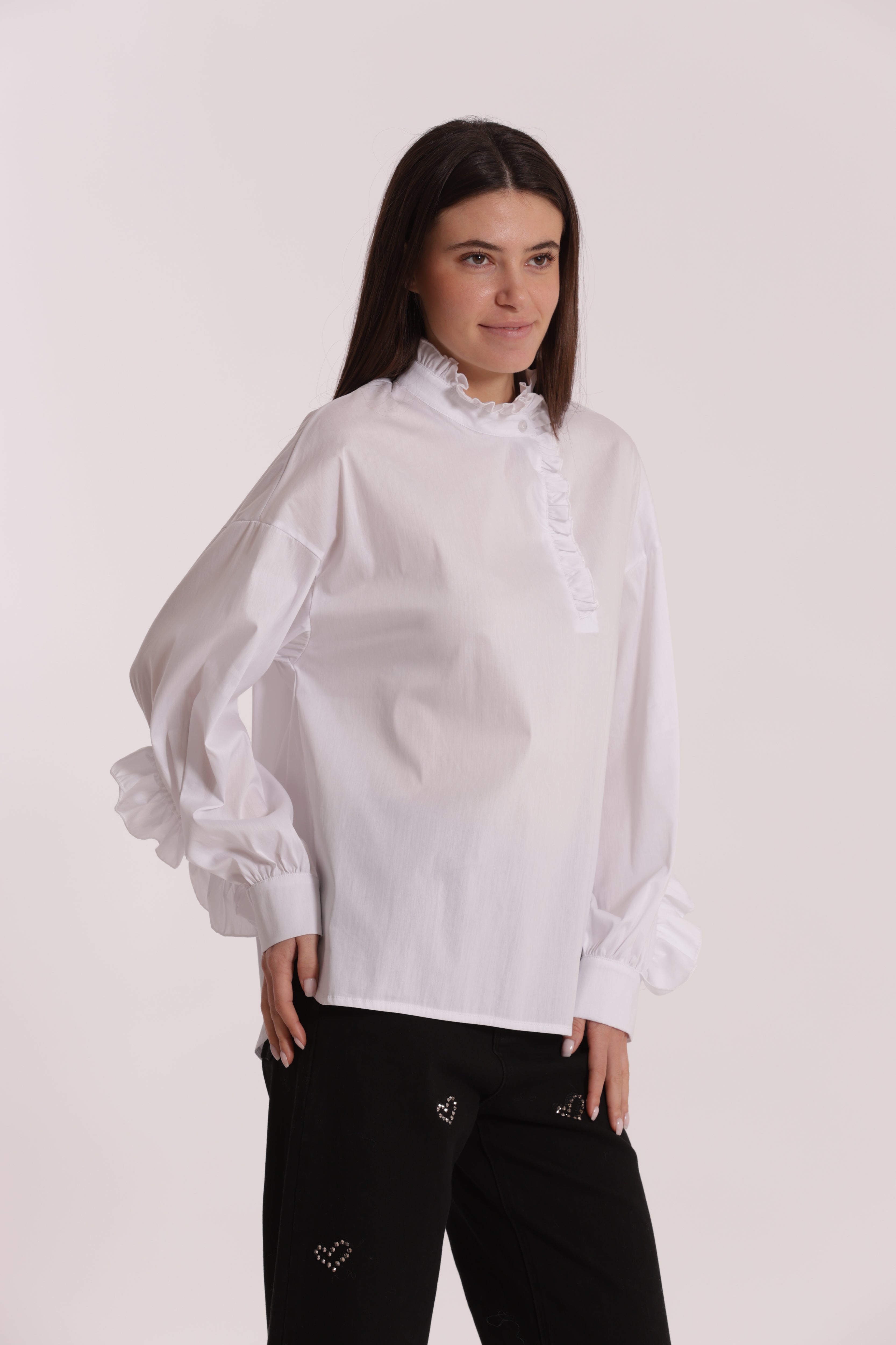 Mimi Mua blusa cotone rouches bianca con volant