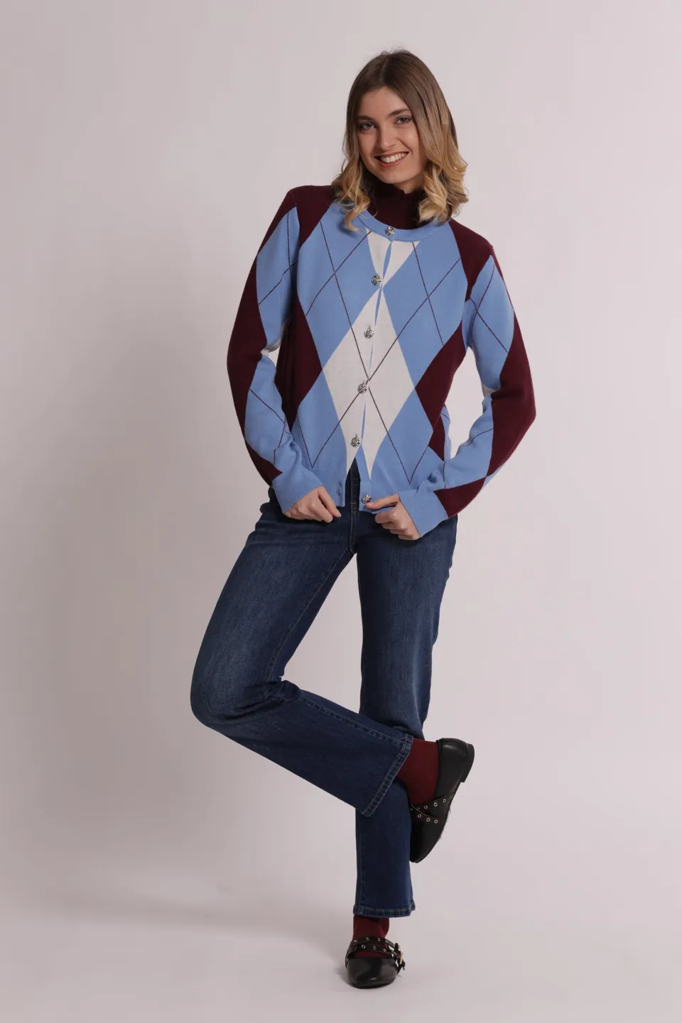 Mimi Mua Cardigan Geometrico Bottoni Gioiello Maglia
