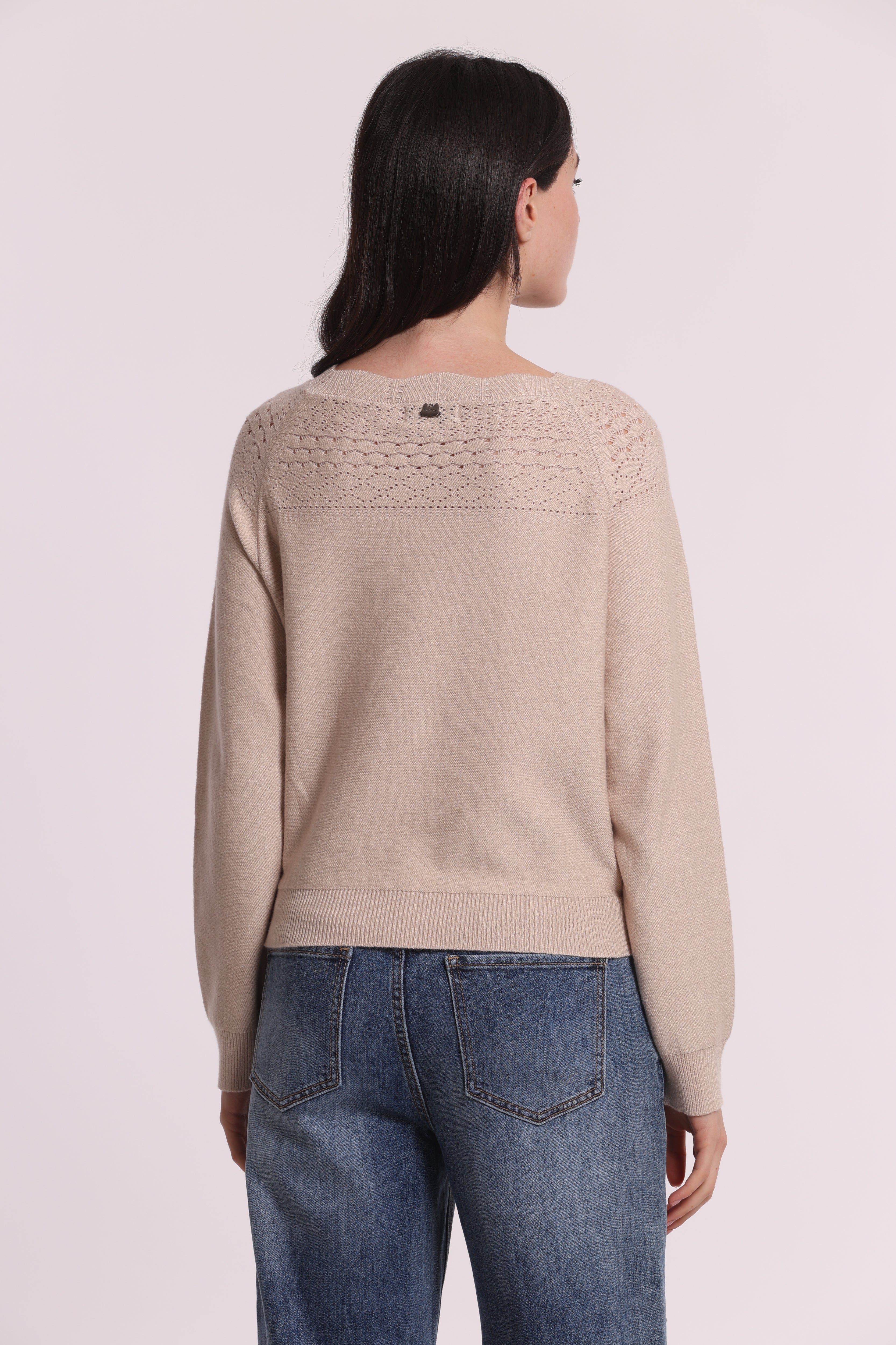 Mimi Mua Maglia Traforata Beige Chiaro Maniche Lunghe
