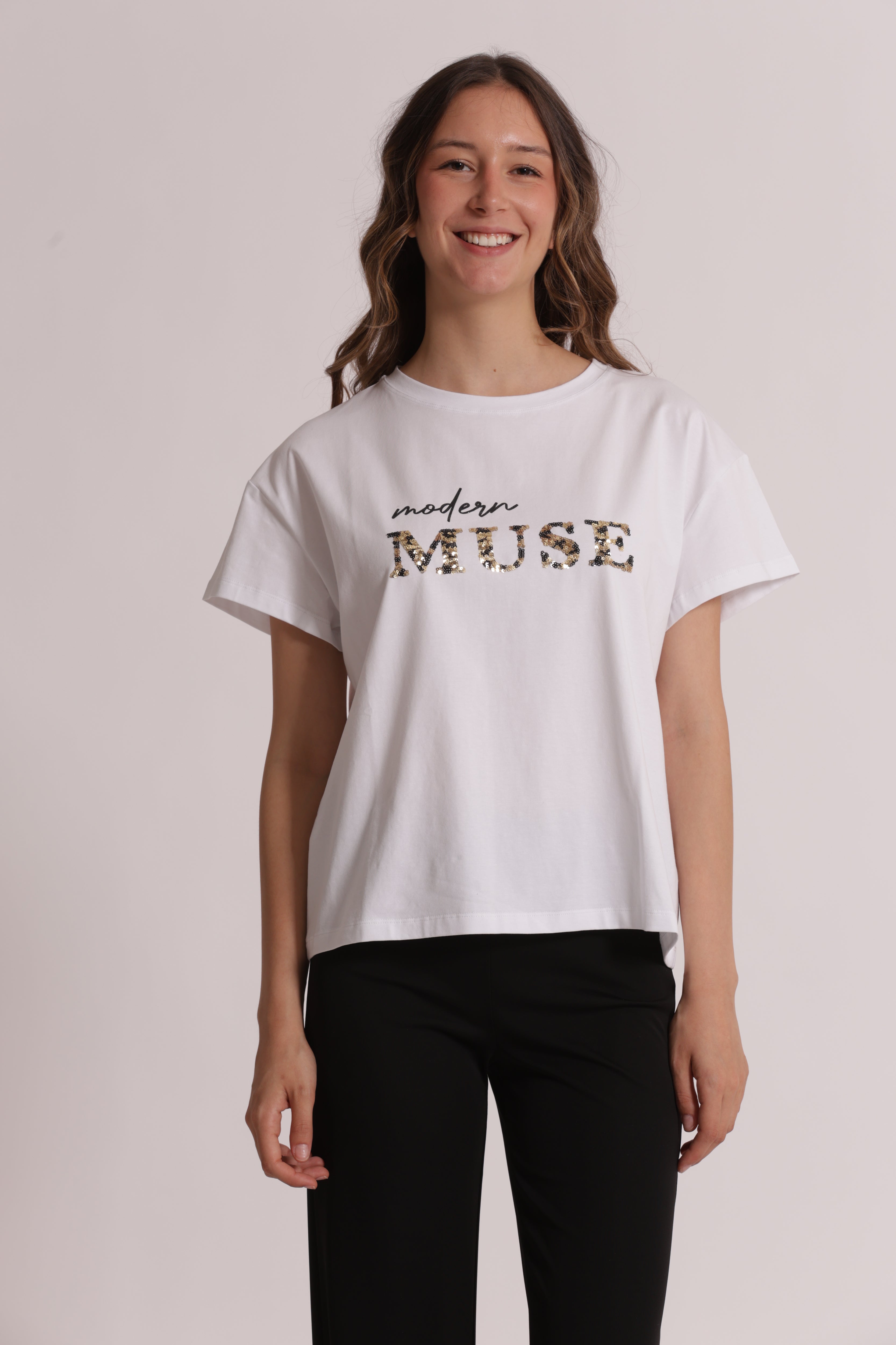 Mimi Mua T-Shirt Modern Muse con Paillettes Bianco