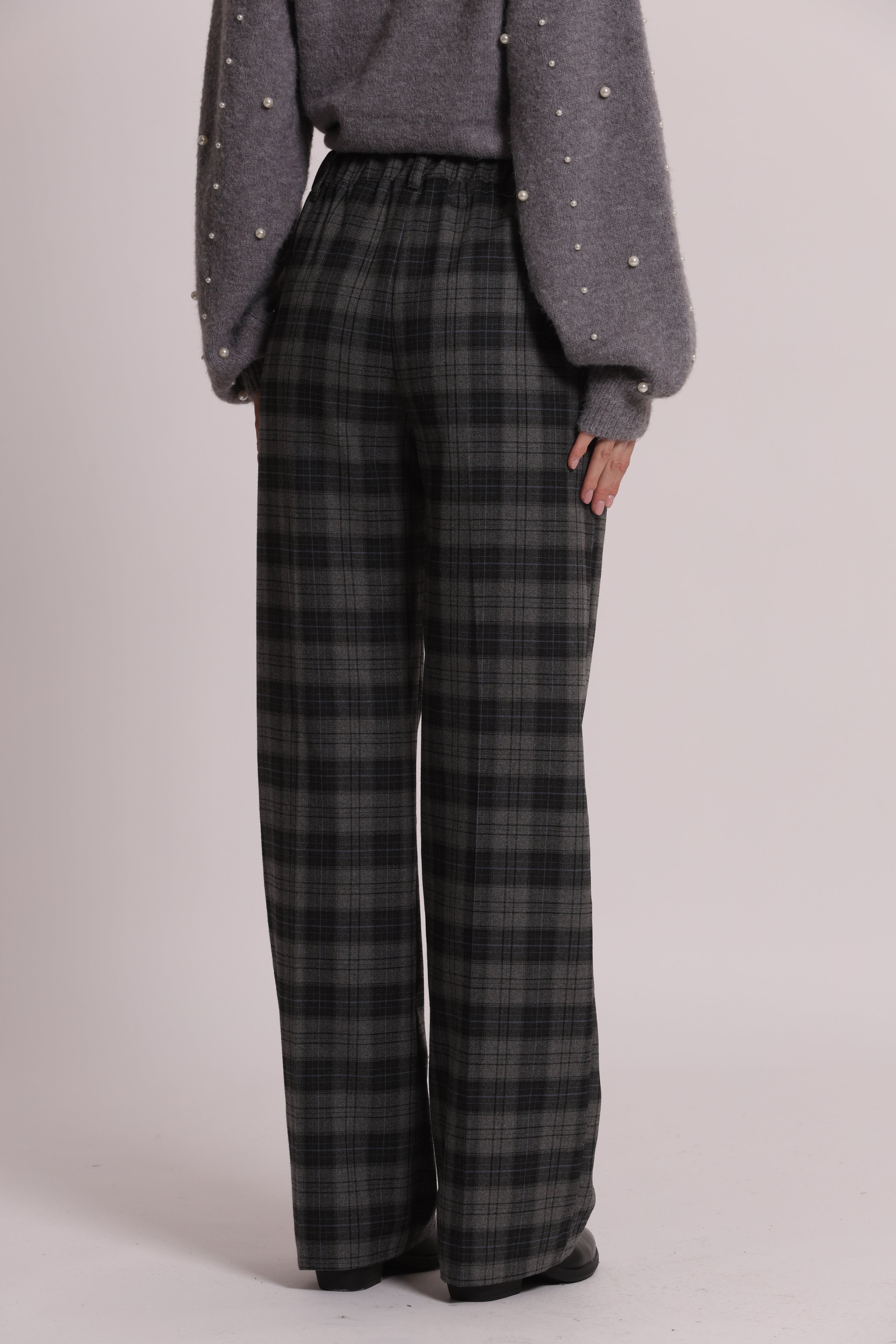 Mimi Mua Pantalone Palazzo Check Pantaloni Grigio Elastico Dietro