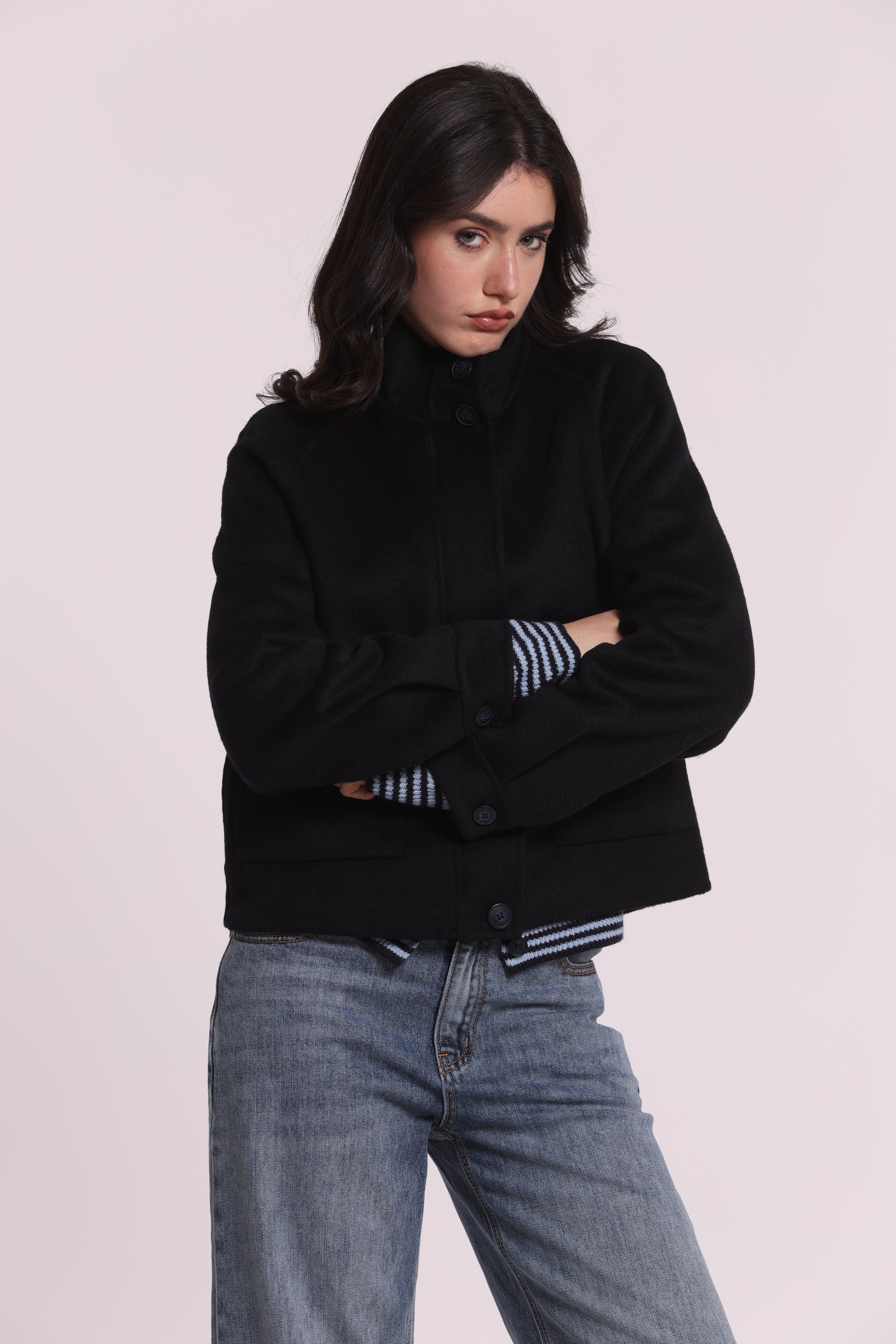 Mimi Mua Cappotto Corto cappotto zip lana nero