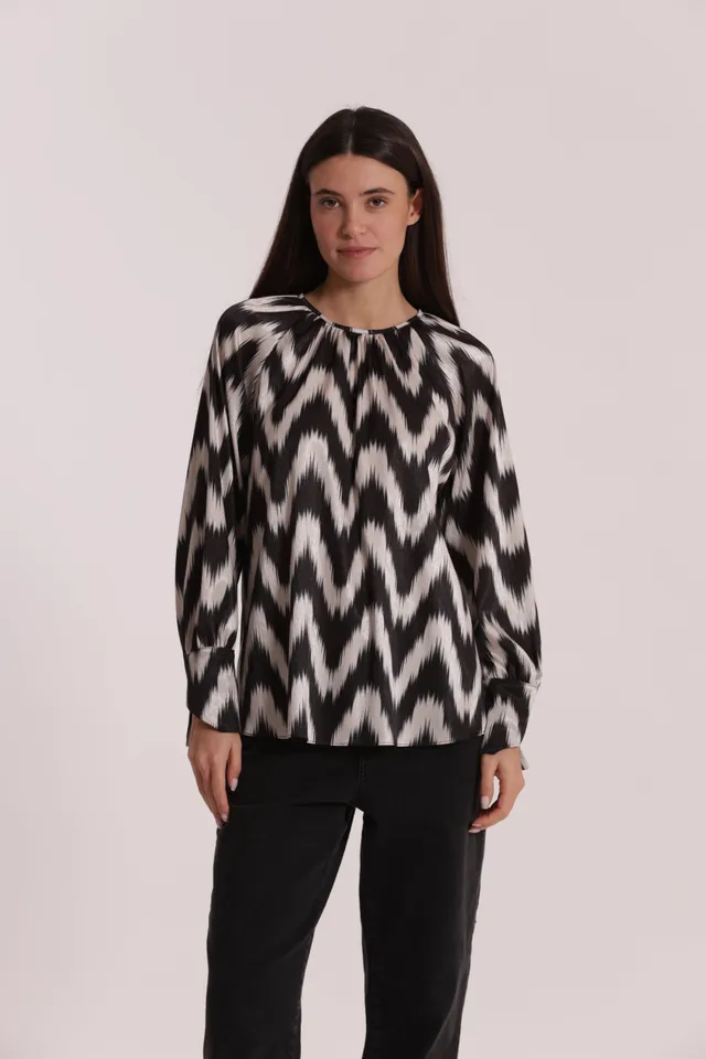 Mimi Mua Blusa Scollo Tondo Chevron Nero/Bianco