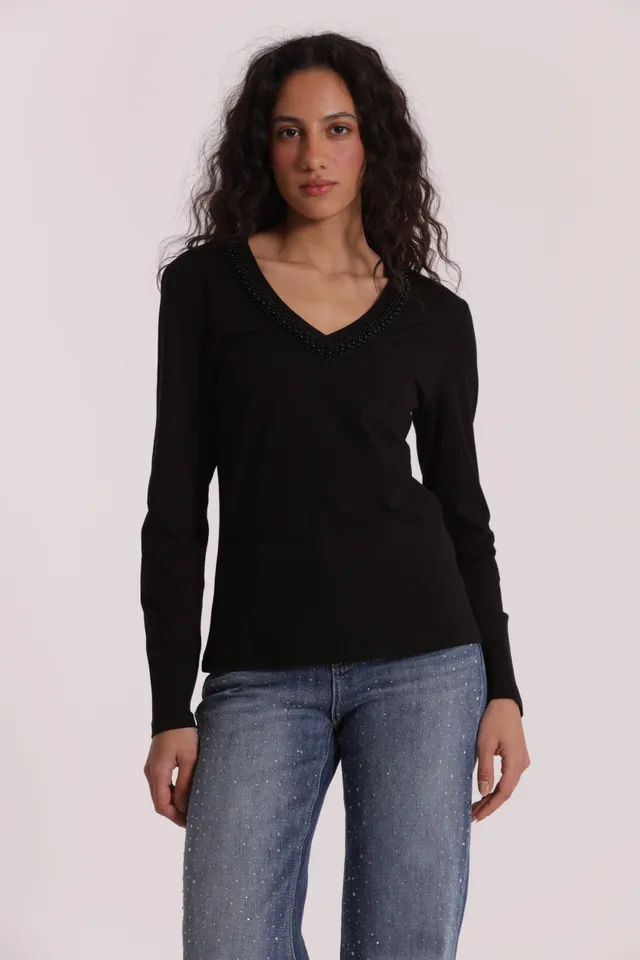 Mimi Mua t-shirt scollo a V perle bianco cotone