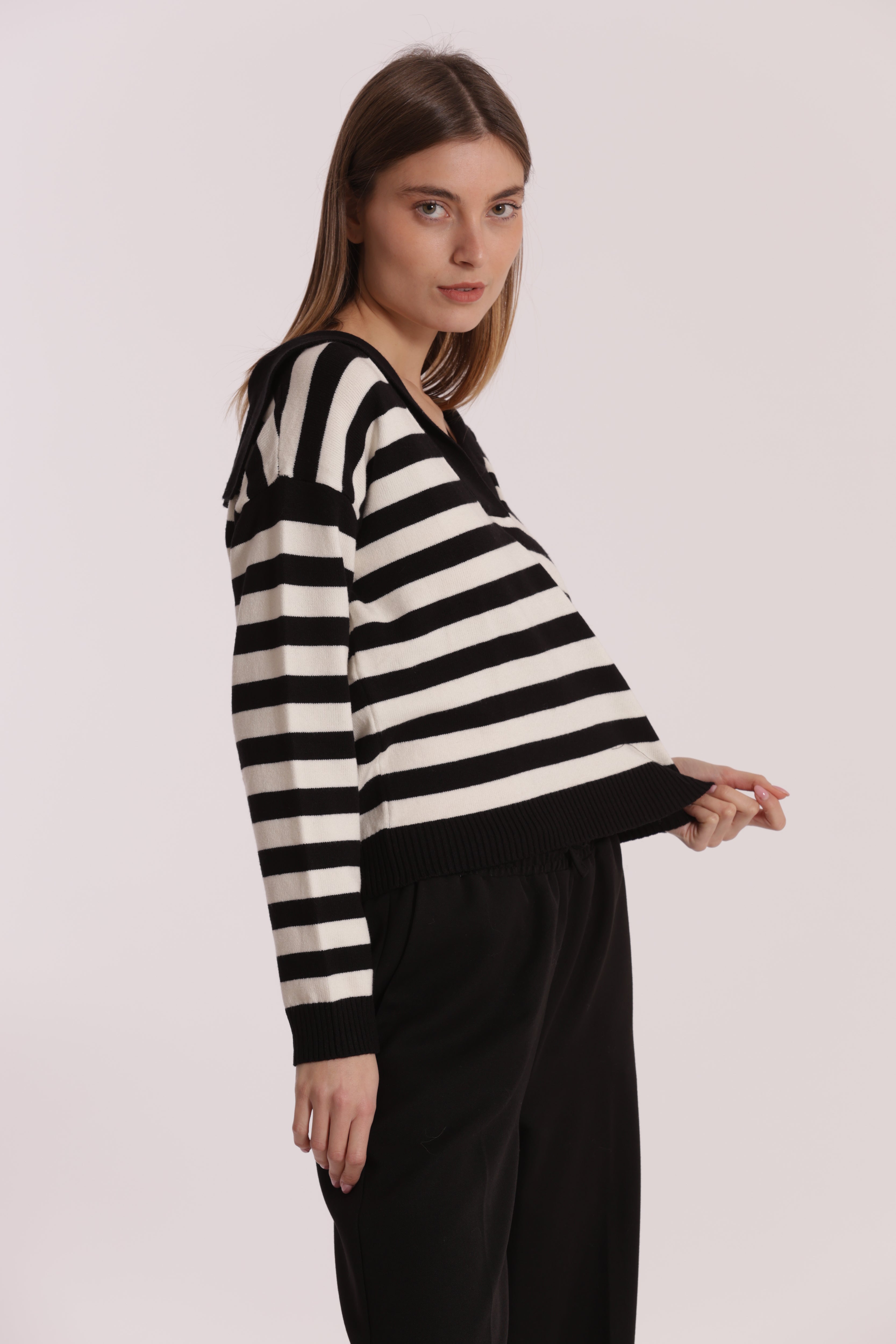 Mimi Mua maglia polo a righe nero bianco