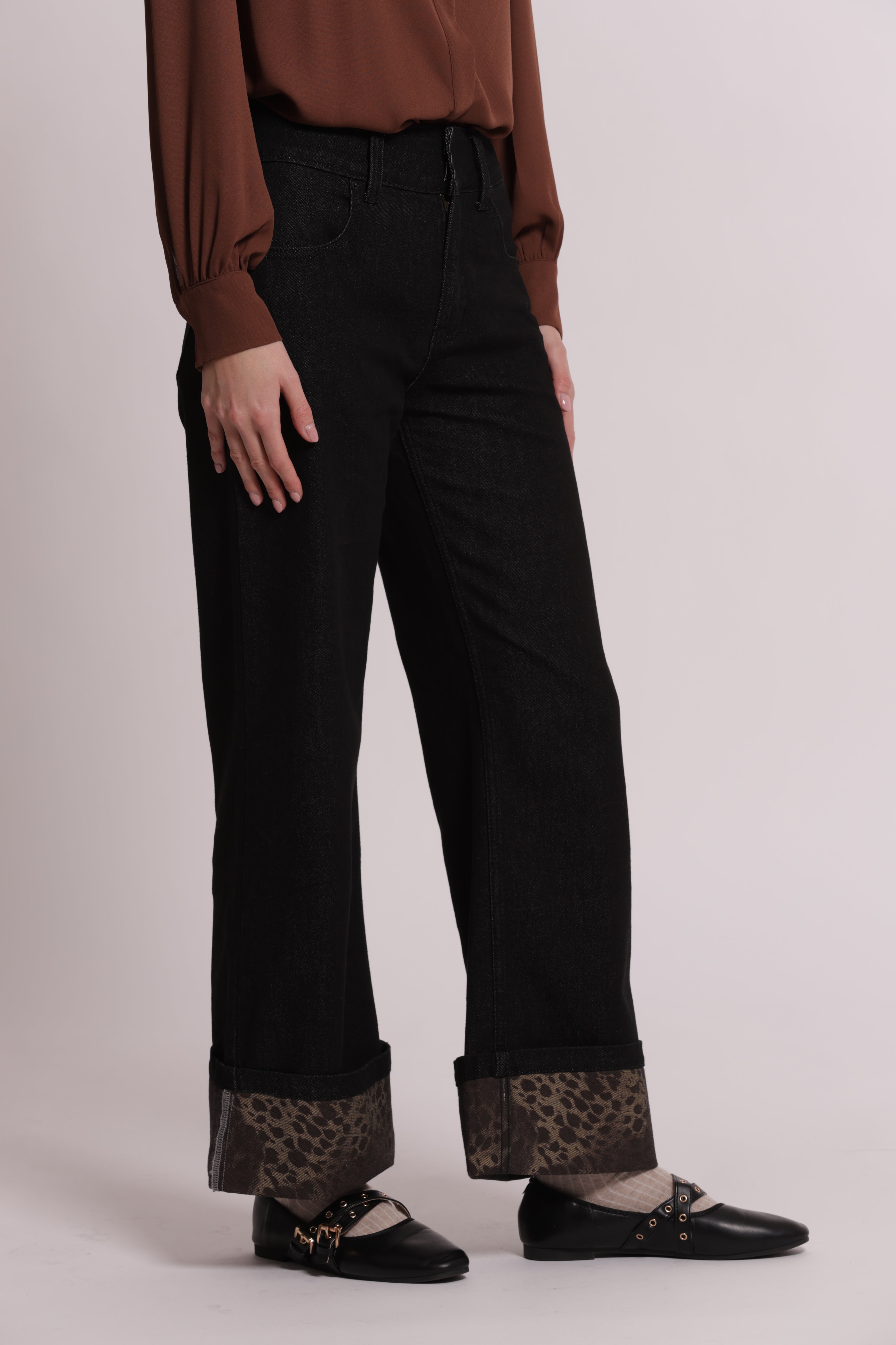 Mimi Mua Jeans Risvolto Animalier Nero S cotone slim