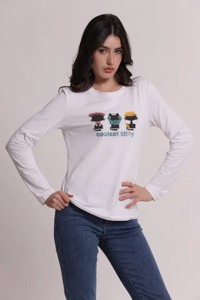 Mimi Mua T-Shirt Coolest Kitty Maniche Lunghe Bianca