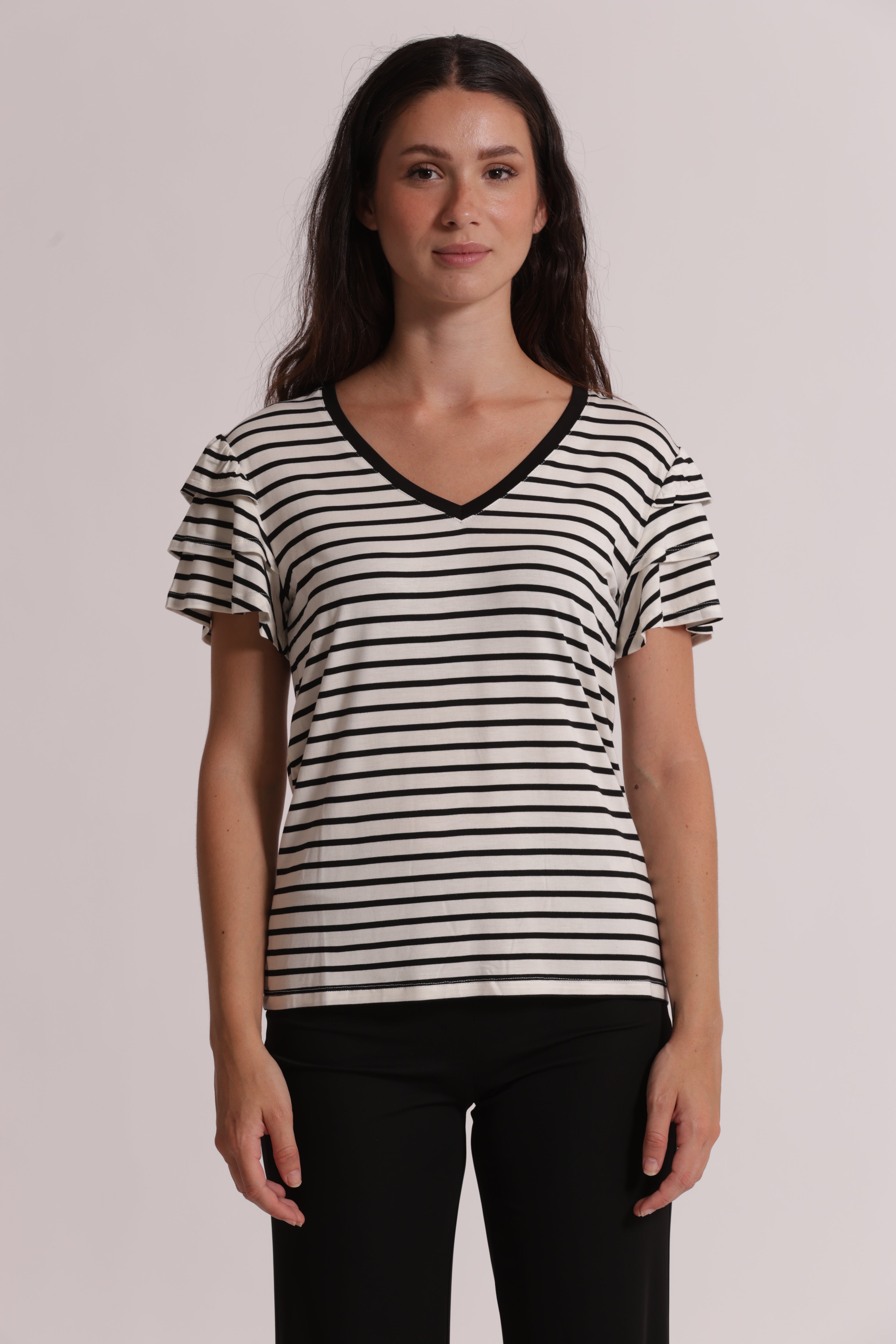 Mimi Mua T-Shirt Righe Maniche Volant Nero/Bianco Cotone
