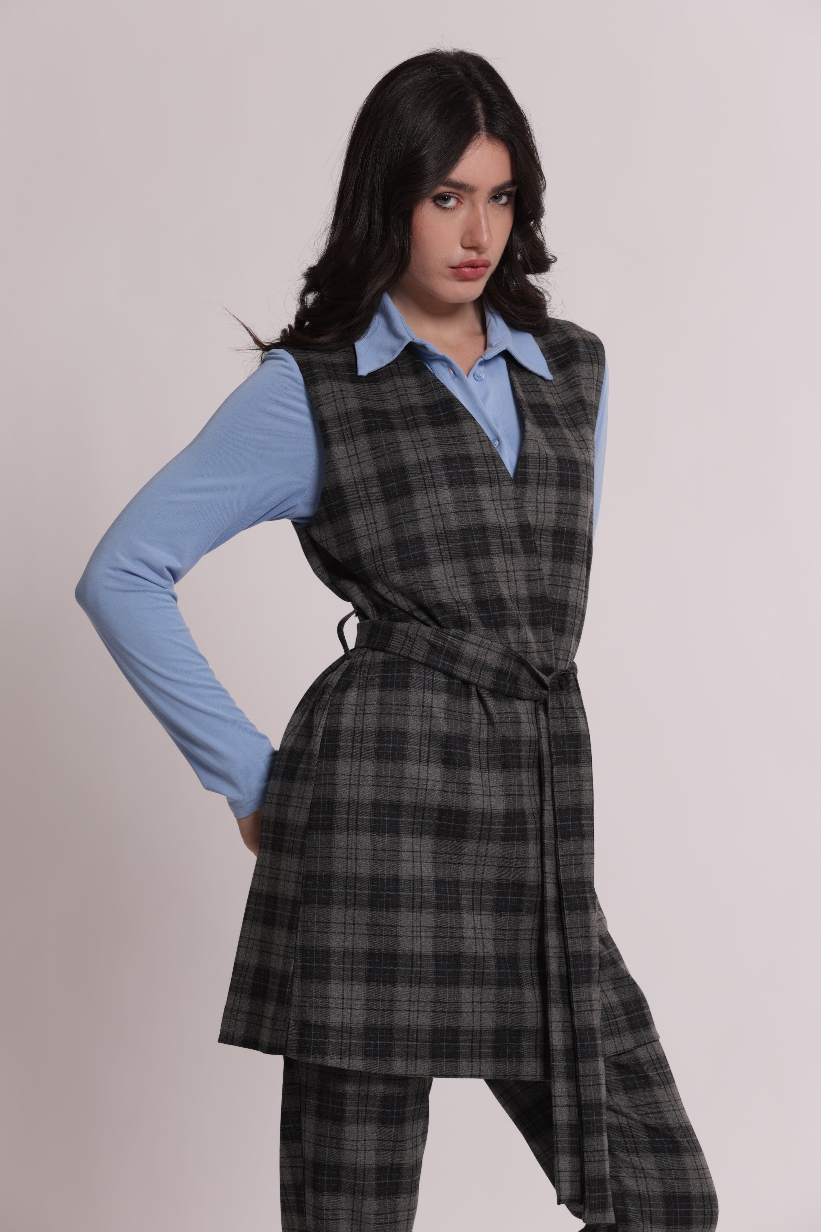 Mimi Mua Gilet Lungo Check Grigio Smanicato