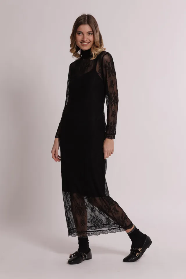 Mimi Mua Abito Lungo in Pizzo Nero elegante