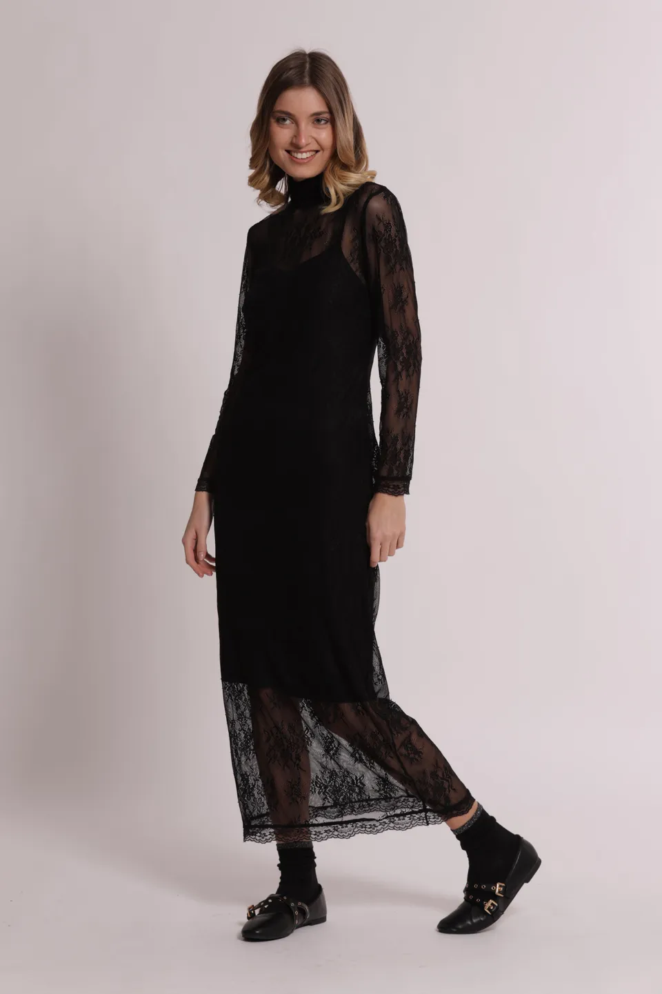 Mimi Mua Abito Lungo in Pizzo Nero elegante