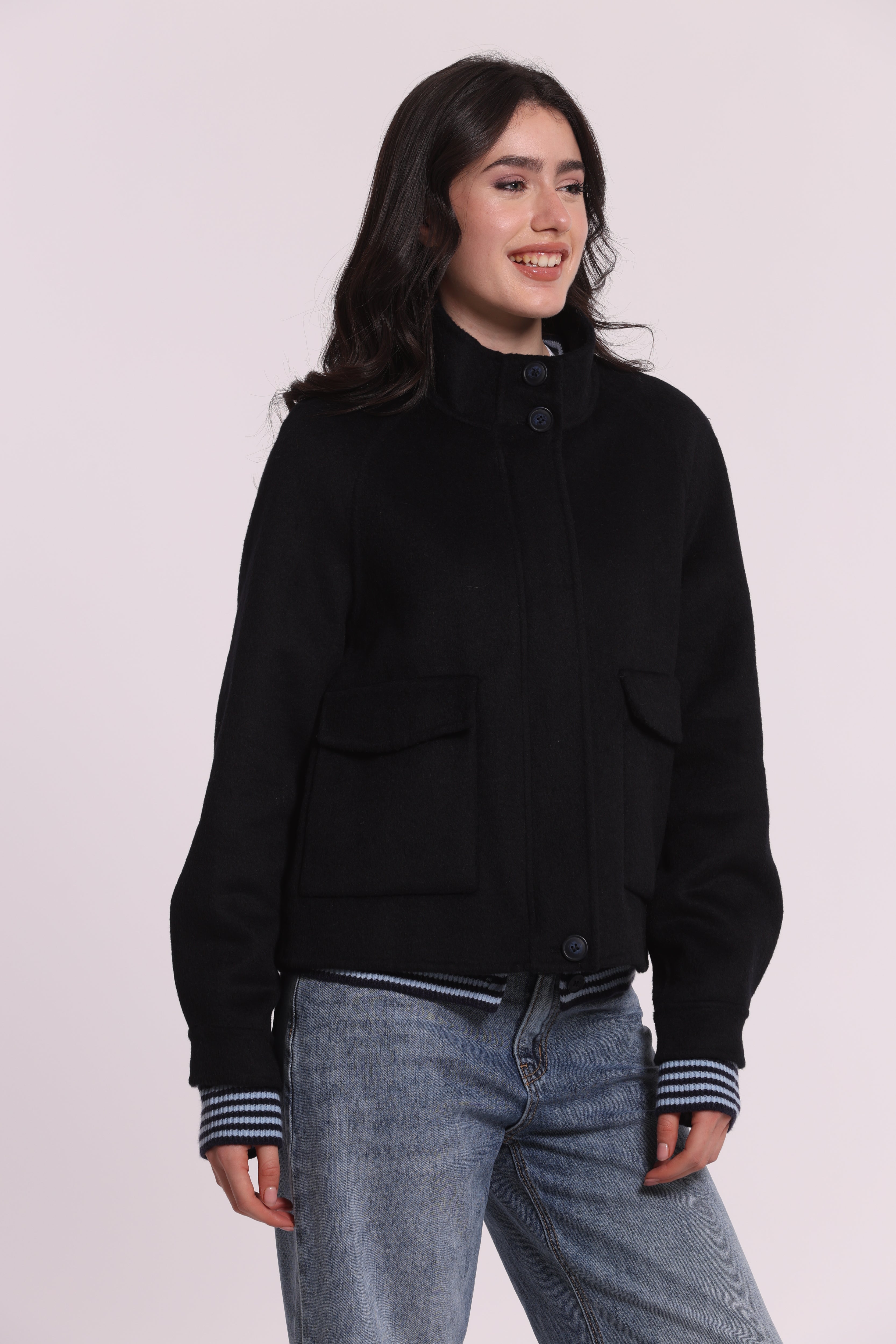 Mimi Mua Cappotto Corto cappotto zip lana nero