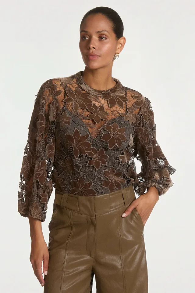 Aaiko Shaila top velluto marrone fudge pizzo floreale