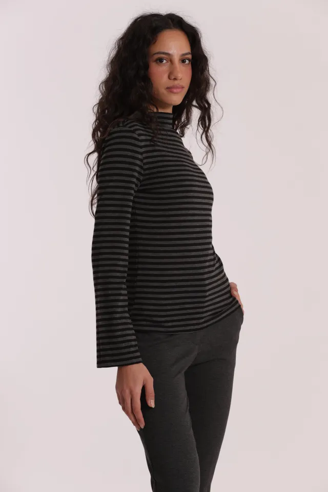 Mimi Mua Maglia Collo Vulcano a Righe Nero Grigio