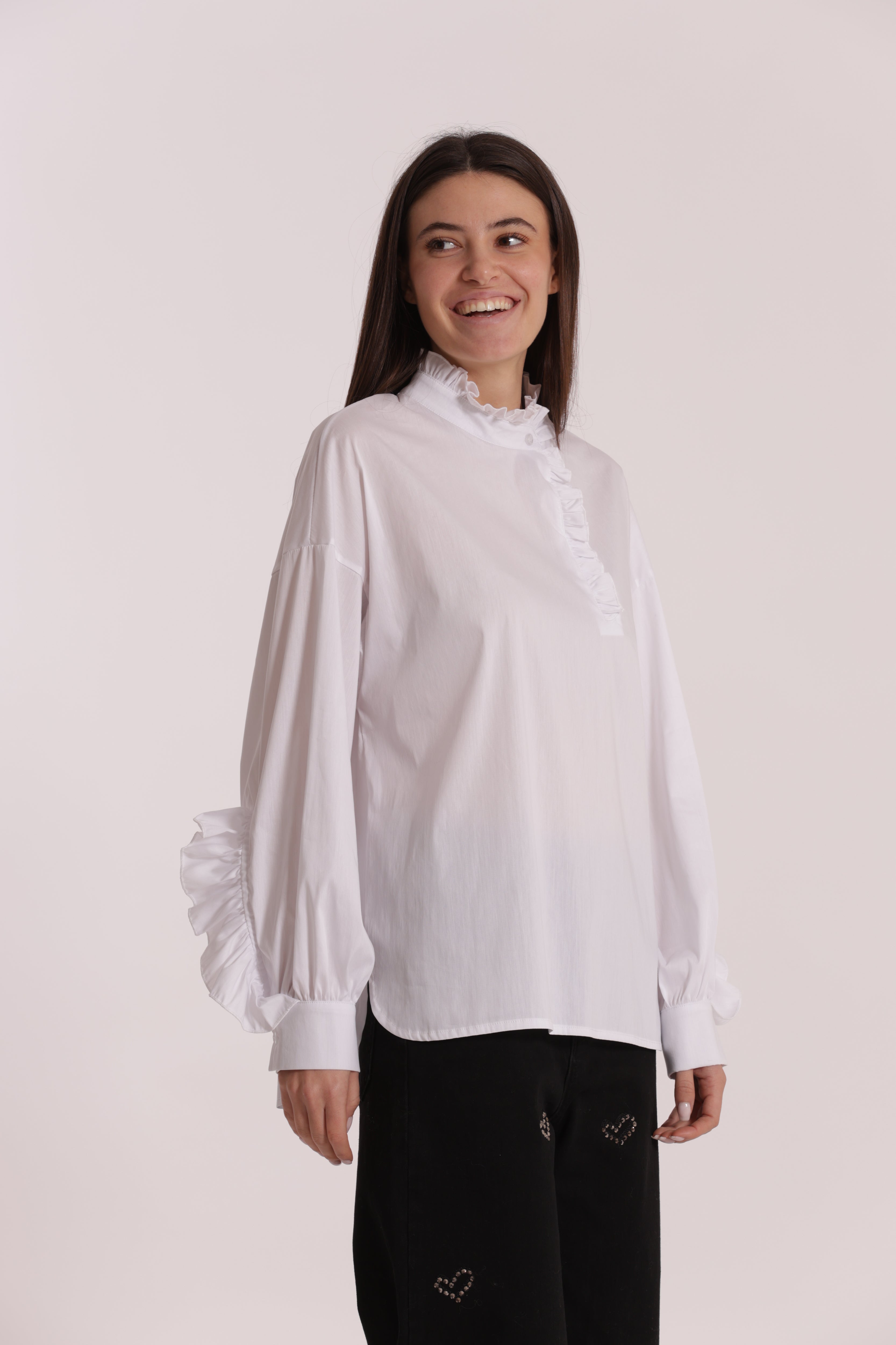 Mimi Mua blusa cotone rouches bianca con volant
