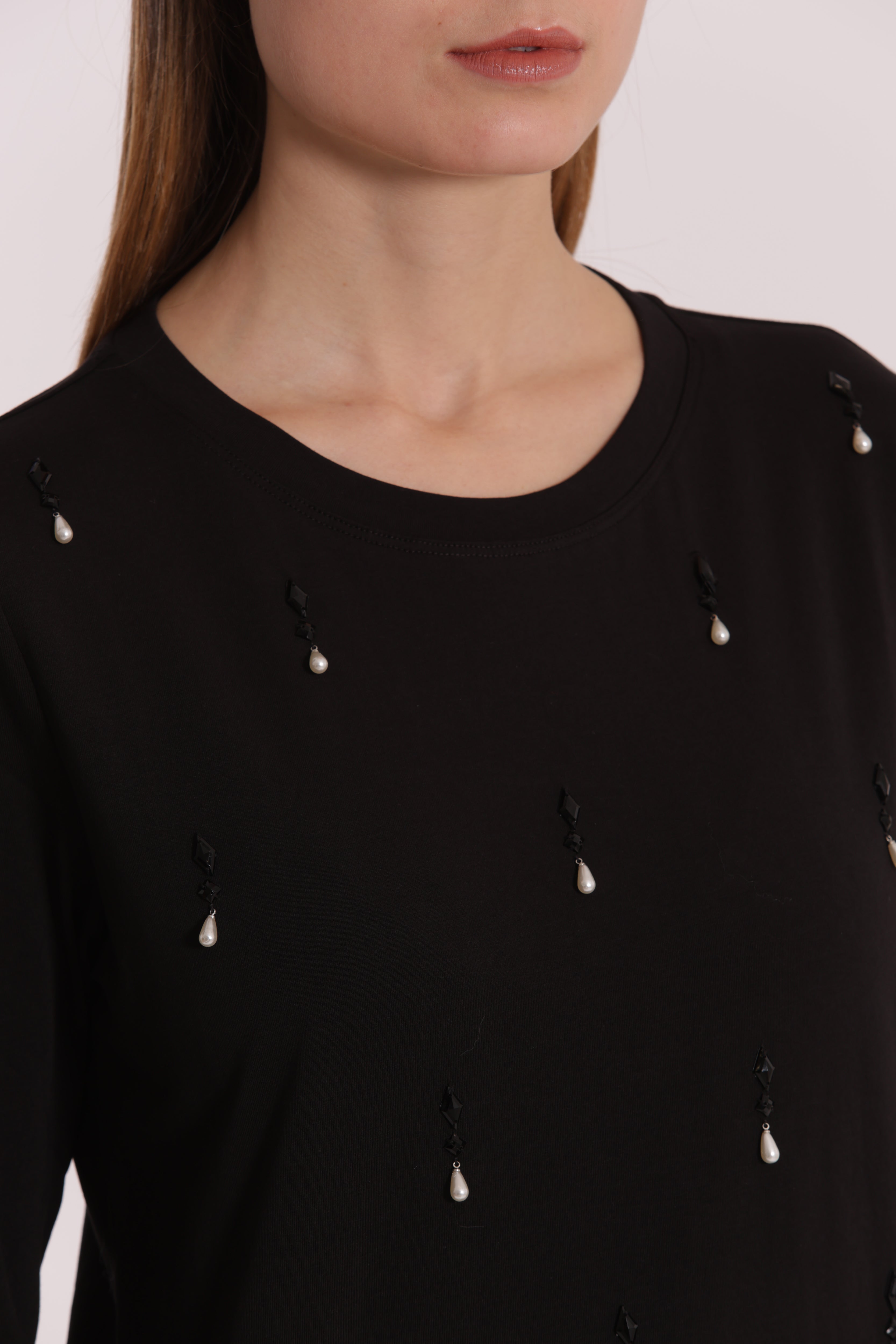 Mimi Mua Pioggia di Perle T-shirt Cotone Nero