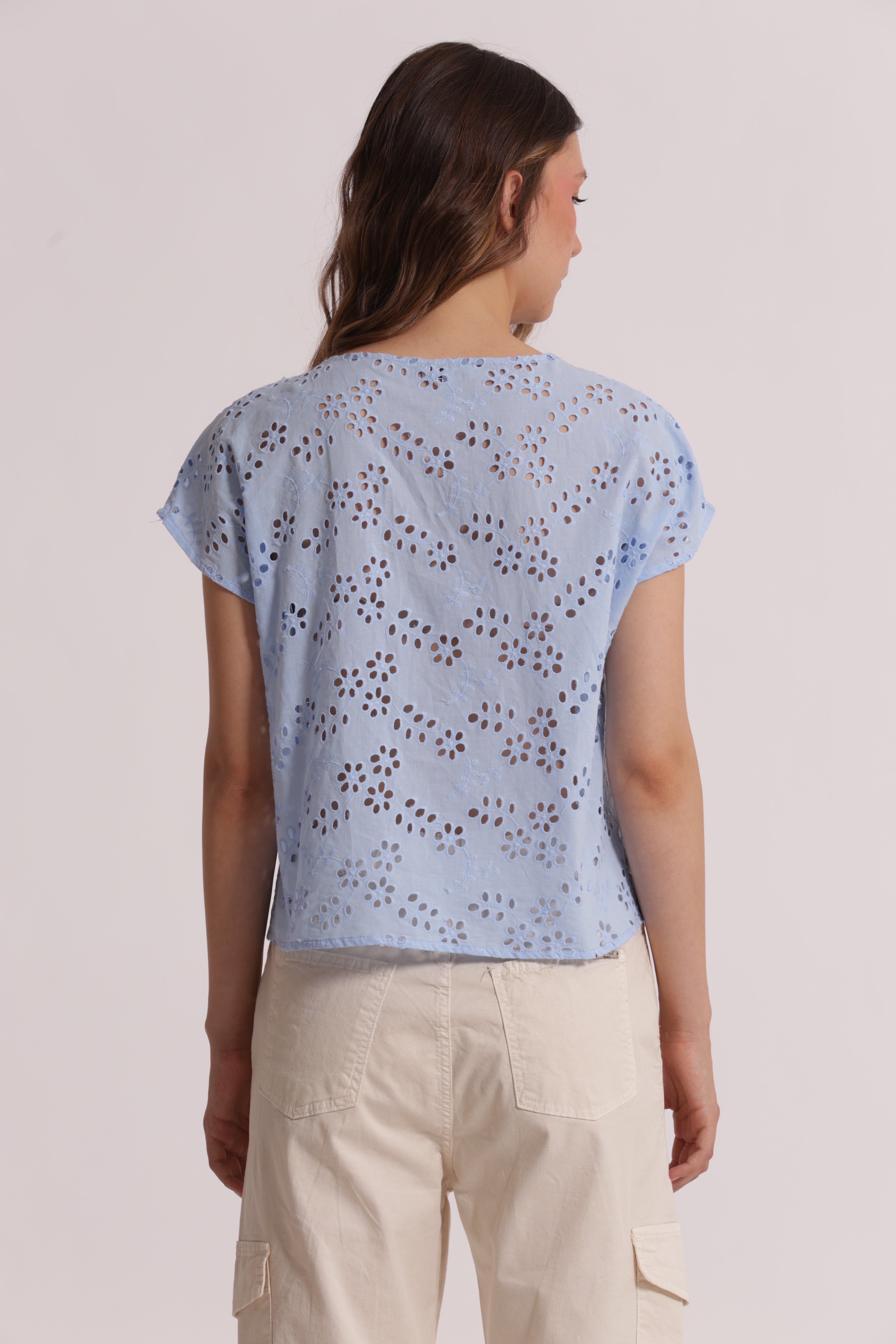 Mimi Mua Scollo Tondo Sangallo blusa bianco cotone