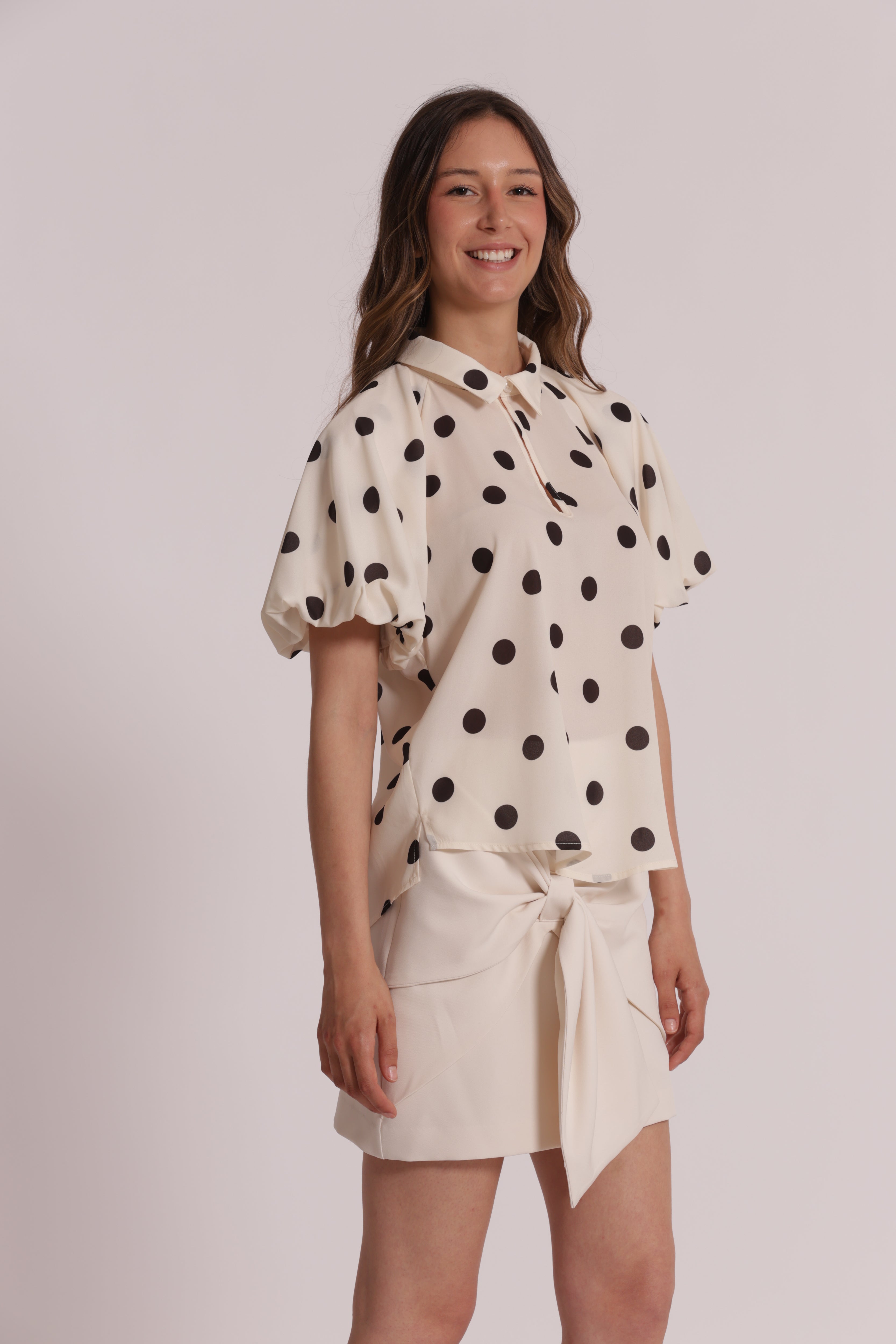 Mimi Mua Blusa Maniche Palloncino Pois Blu Panna