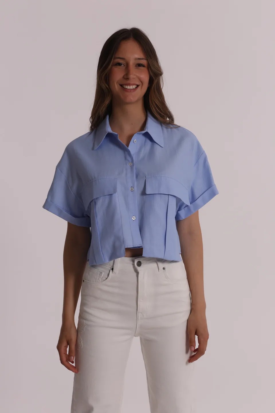 Mimi Mua Camicia Cropped Oxford Tasche Bianca Corta